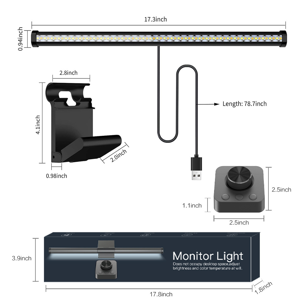 Un kit di luci per monitor con dimensioni. Include barra luminosa, staffa, manopola di controllo e confezione.