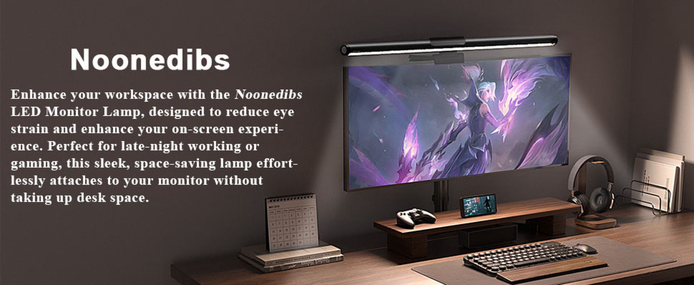 Ein Monitor mit einer Lichtleiste darüber auf einem Holztisch mit Zubehör. Text lautet 'Noonedibs LED Monitor Lamp'.