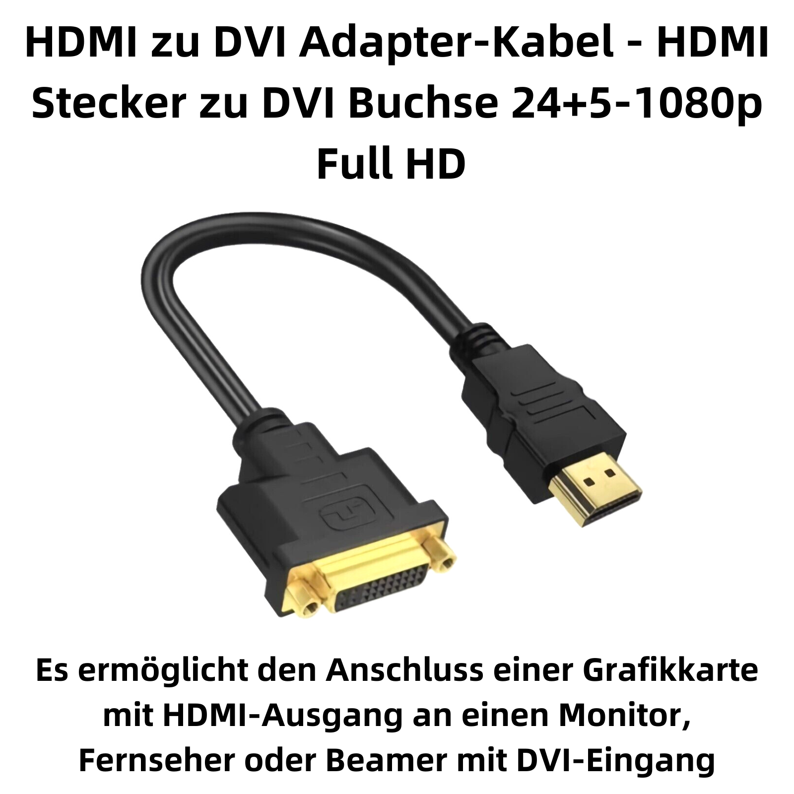 Schwarzes HDMI-zu-DVI-Adapterkabel. HDMI- und DVI-Anschlüsse an jedem Ende. Weißer Hintergrund.