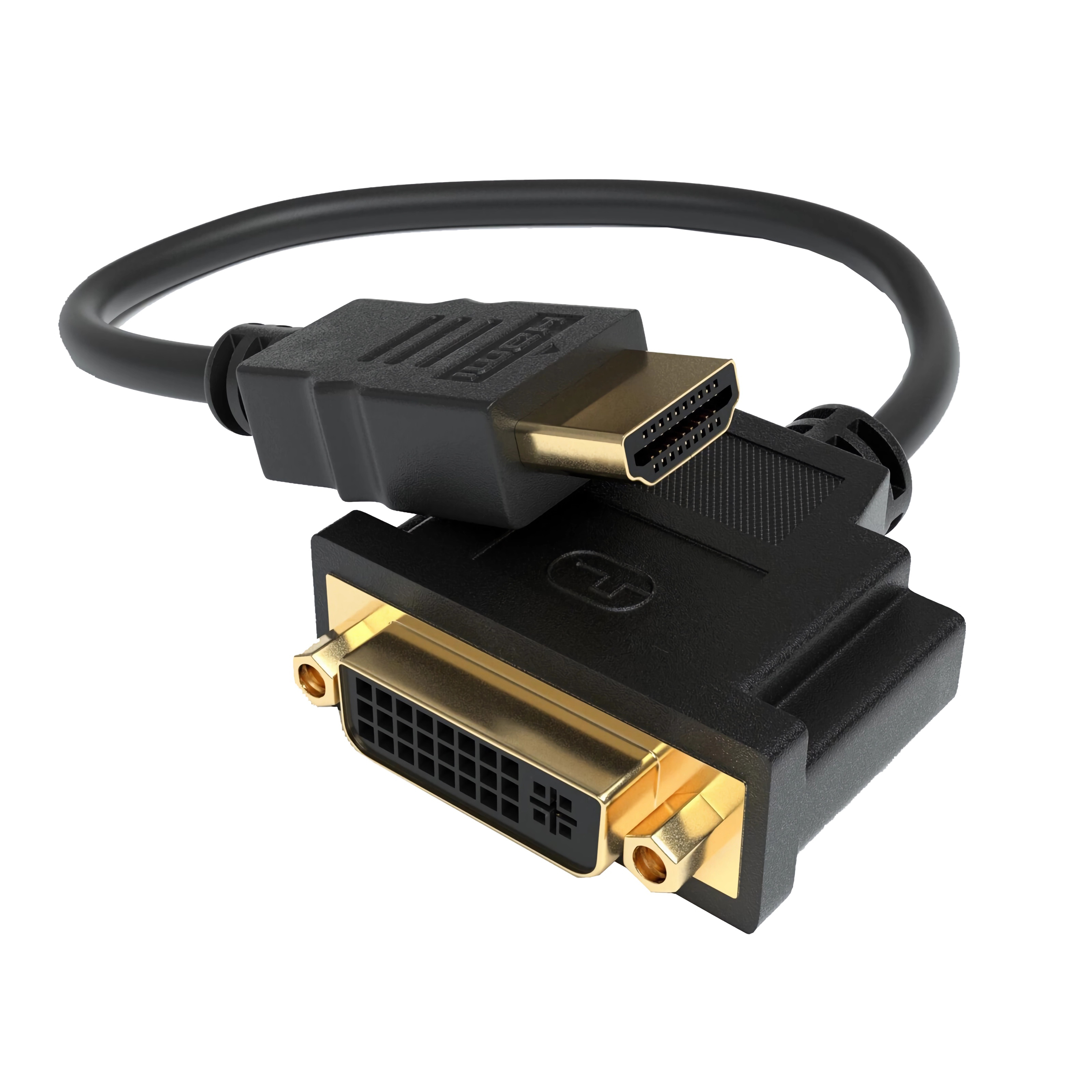 Ein HDMI-zu-DVI-Kabel. Die Anschlüsse sind schwarz und gold, mit einem schwarzen Kabel. Weißer Hintergrund.