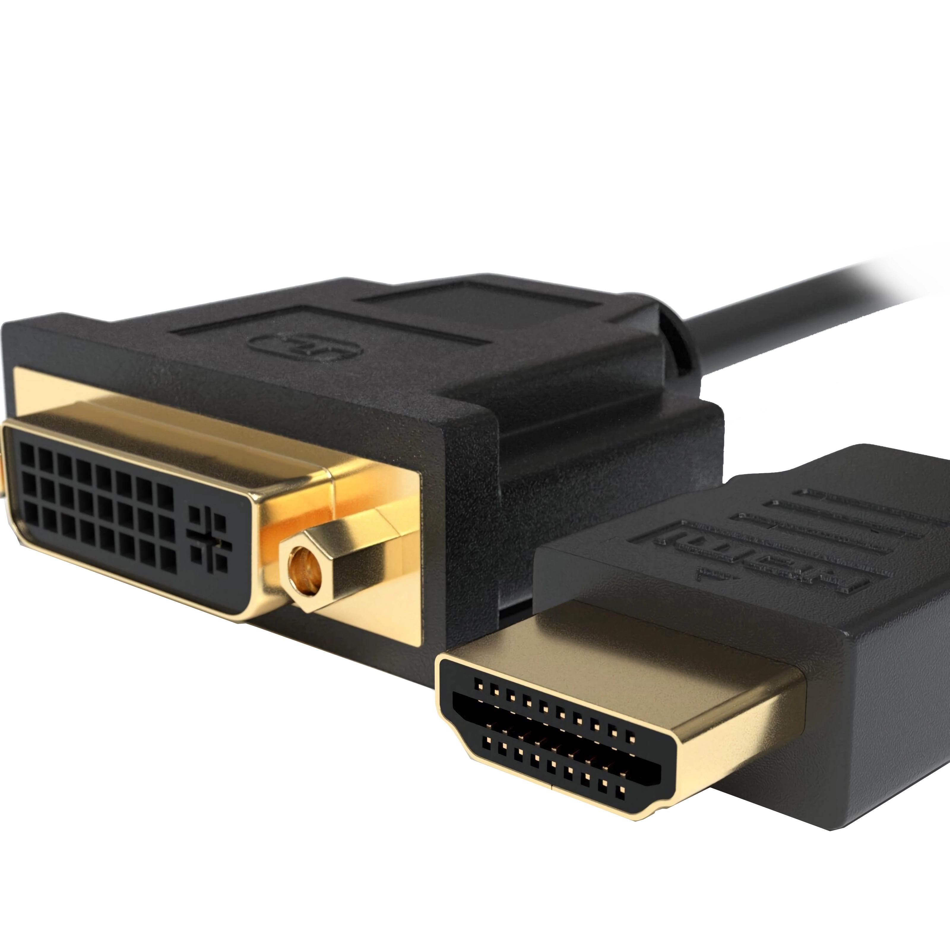 Nahaufnahme von DVI-D- und HDMI-Kabelanschlüssen. Goldfarbene Stifte und schwarzes Kunststoffgehäuse auf weißem Grund.