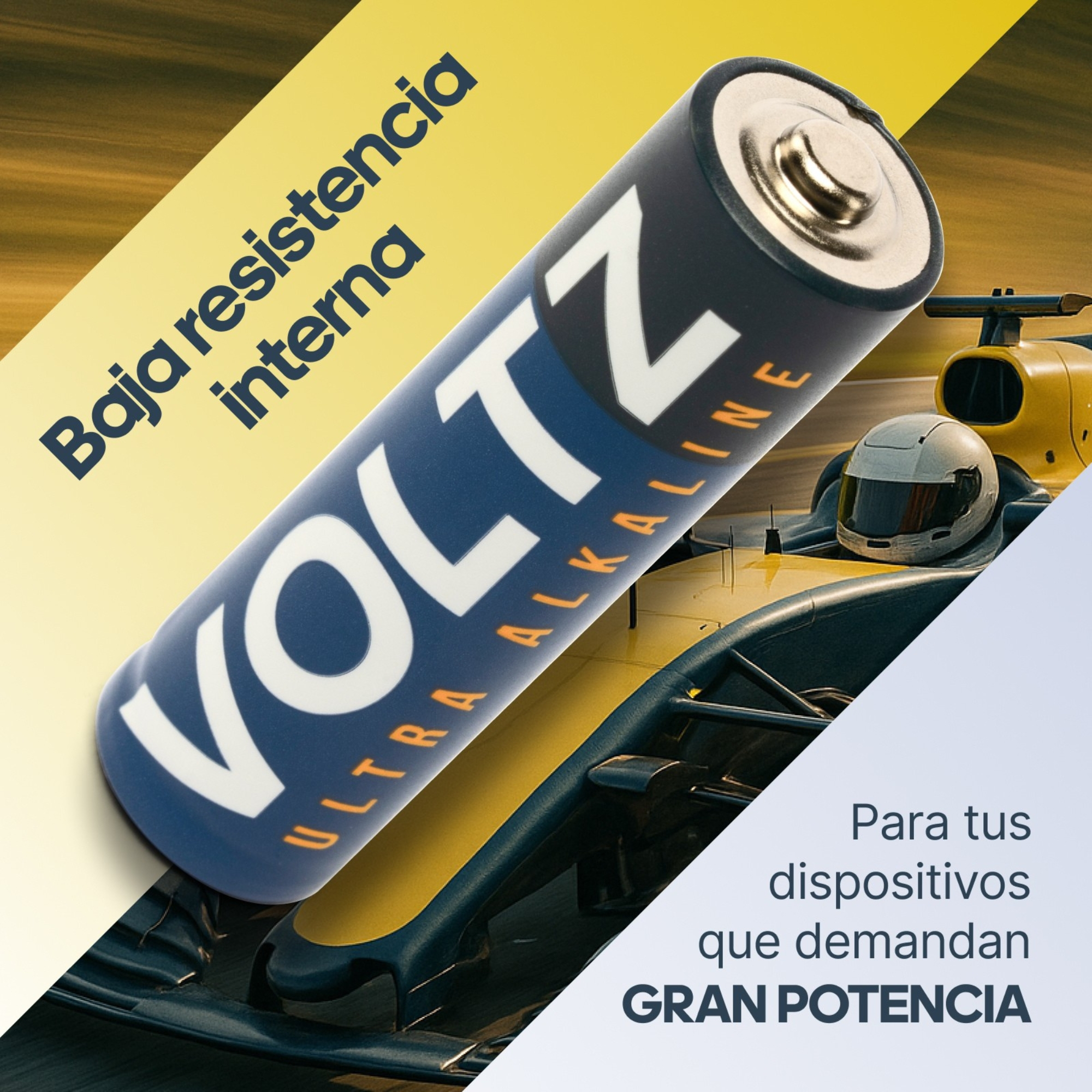 Se muestra una batería azul VOLTZ. Un coche de carreras está en el fondo. El texto dice 'Ultra Alkaline' y 'Gran Potencia'.