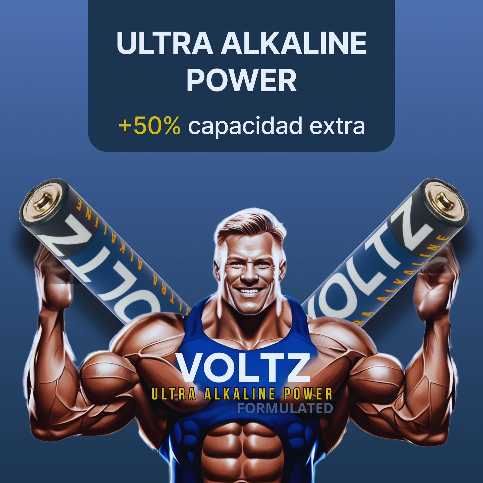 Un hombre musculoso sostiene dos baterías, promocionando "VOLTZ Ultra Alkaline Power". El fondo presenta texto y un degradado azul oscuro.