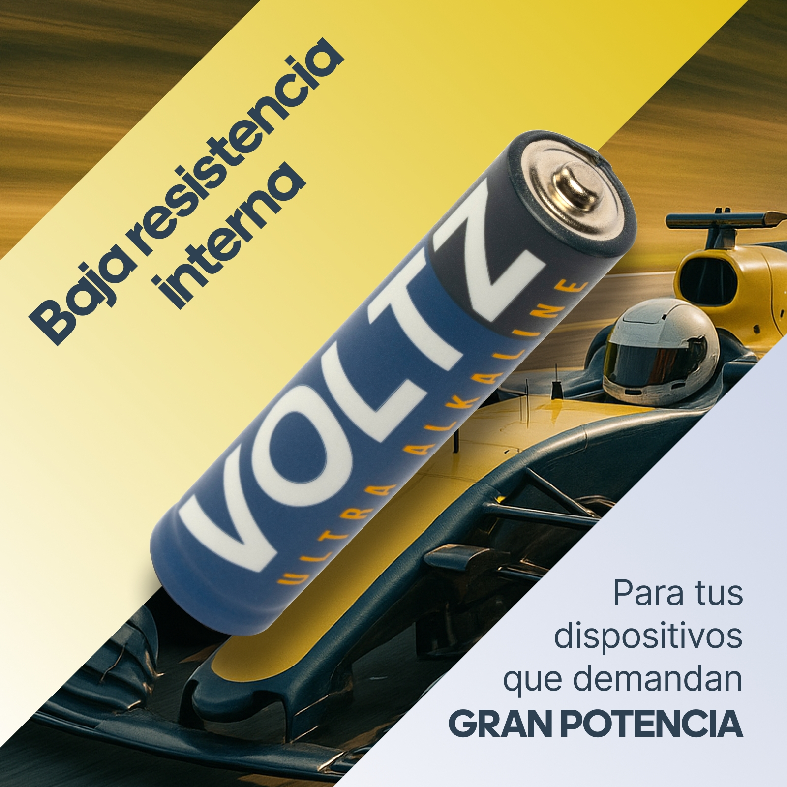 Una batería VOLTZ azul y blanca está en ángulo sobre una imagen de un coche de carreras. El texto dice 'Baja resistencia interna'.