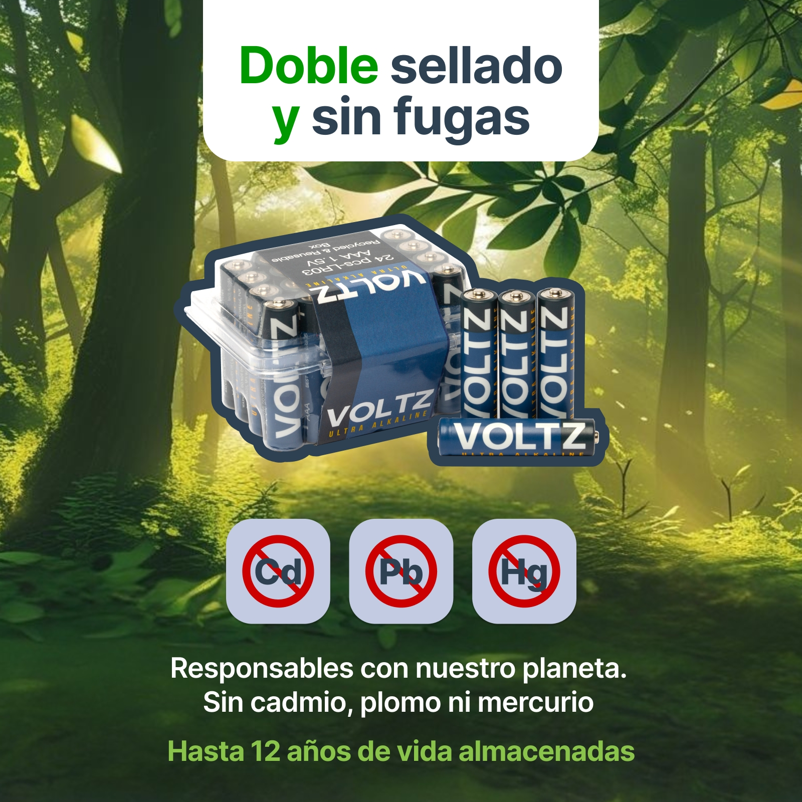 Baterías en empaque, rodeadas de bosque. Texto: 'Doble sellado y sin fugas'. Iconos: Cd, Pb, Hg con una cruz.