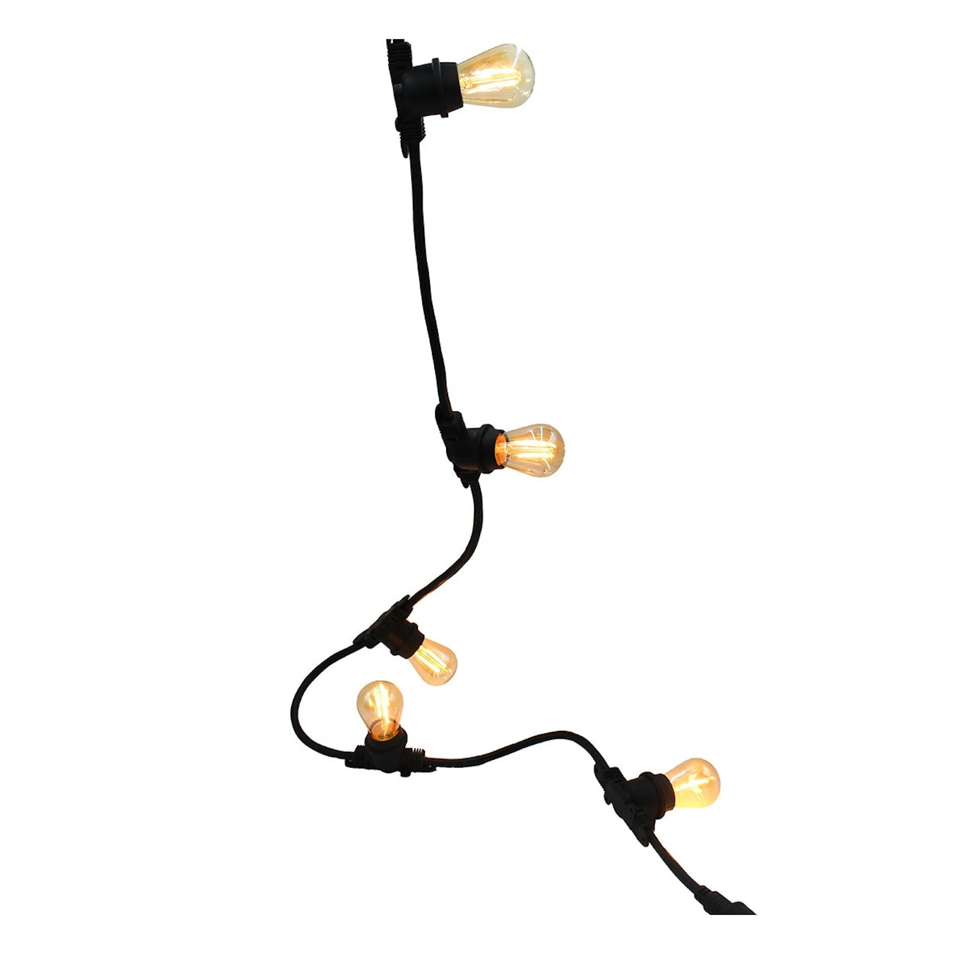 Lichterkette mit Edison-Glühbirnen, schwarzem Draht und schwarzen Fassungen. Die Glühbirnen leuchten warm.