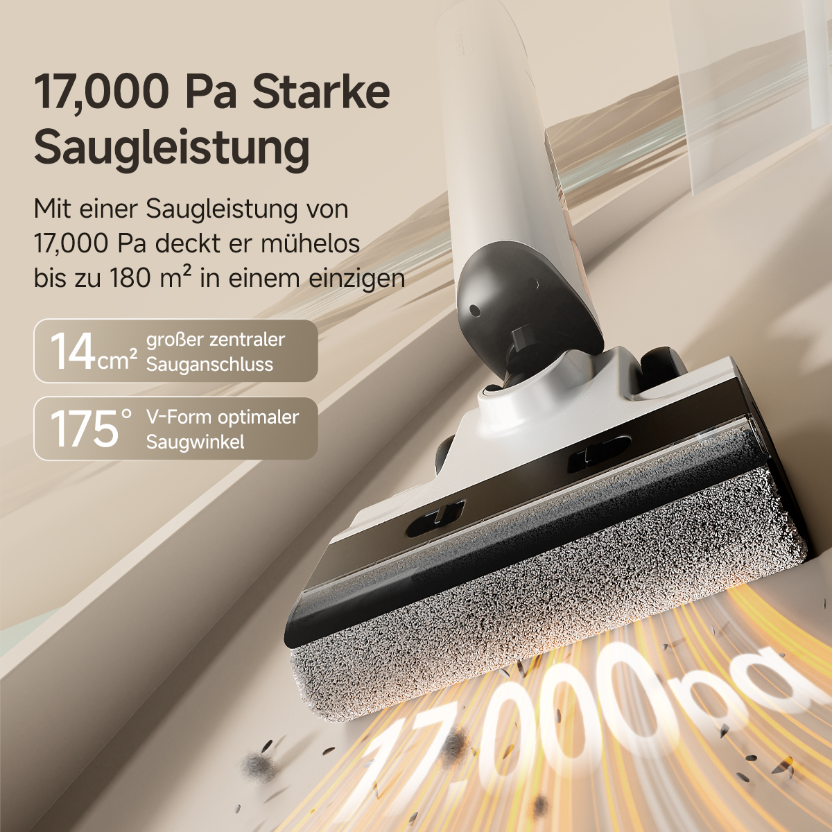 Un aspirateur blanc et noir avec une large tête est montré. L'image met en évidence sa puissance d'aspiration avec les spécifications affichées.