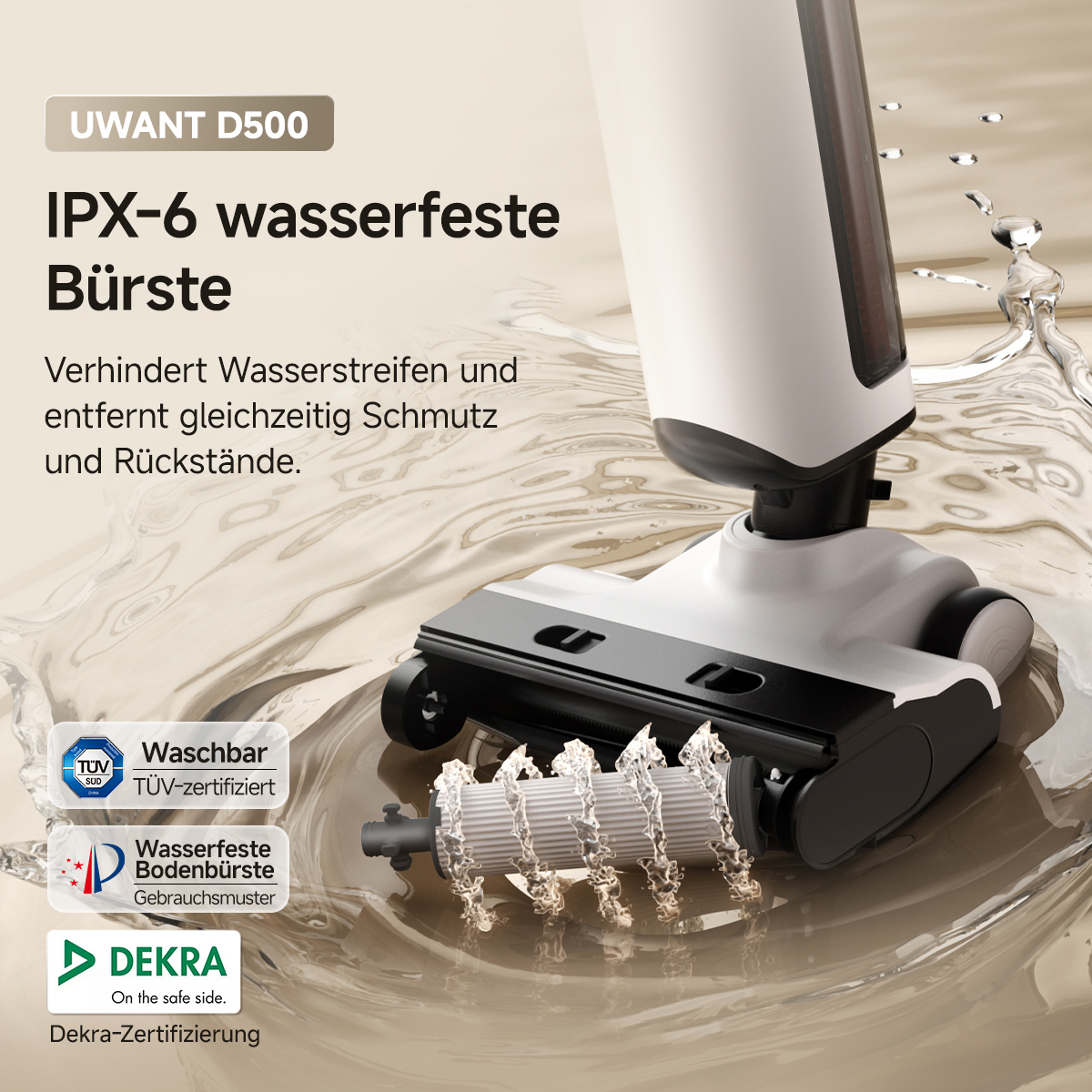 Un nettoyeur de sol blanc et noir, avec des gouttelettes d'eau et du texte en allemand : 'IPX-6 brosse étanche'.