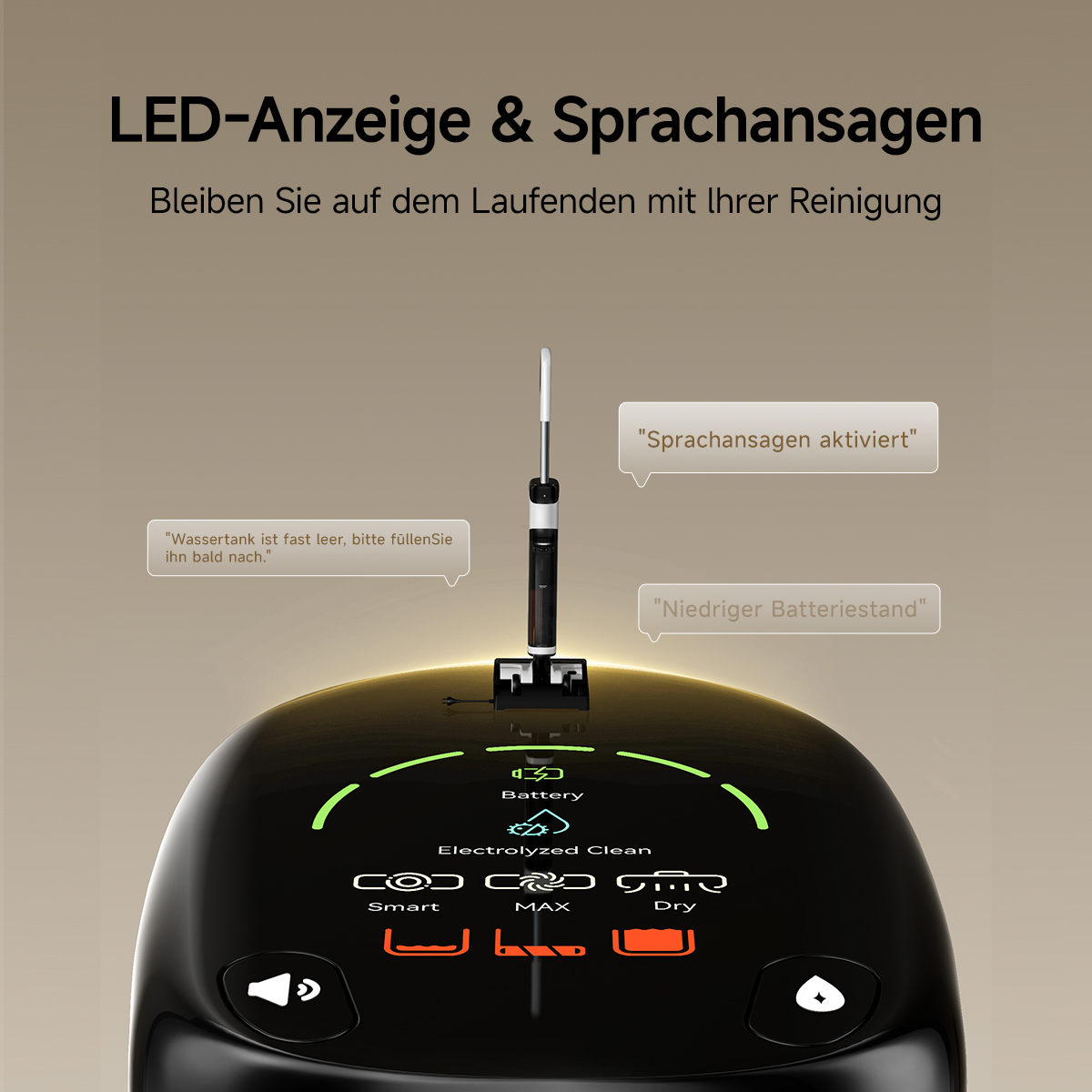Aspirateur noir avec notifications : peu d'eau, alertes vocales activées, batterie faible. Icônes des modes visibles.