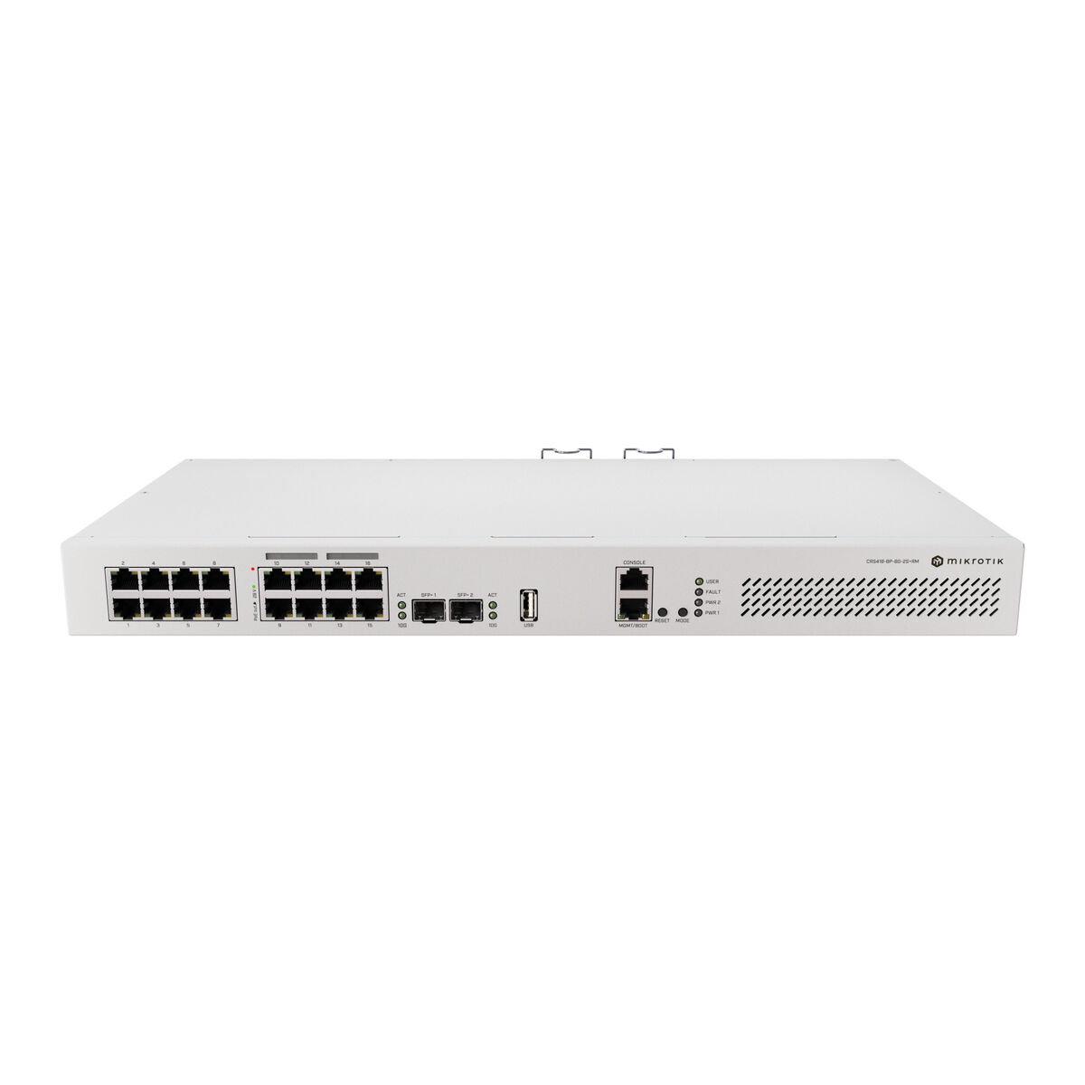 Witte Mikrotik router met meerdere ethernetpoorten, USB en consolepoorten. Het apparaat staat op een witte achtergrond, met status-LED's.