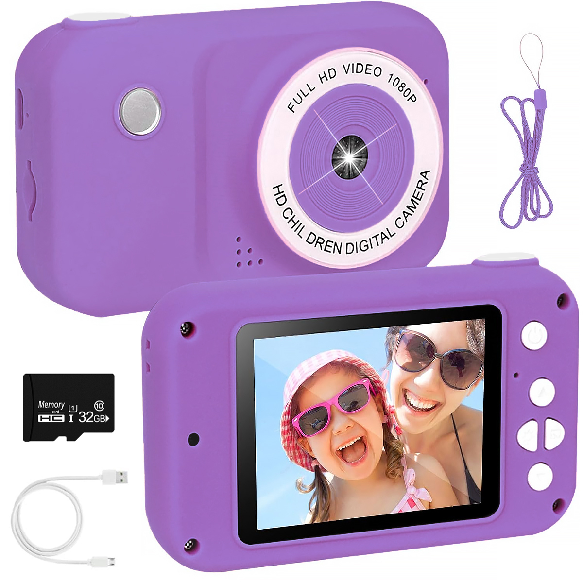 Fotocamera digitale viola per bambini con schermo che mostra due donne sorridenti e accessori come scheda di memoria e cavo USB.