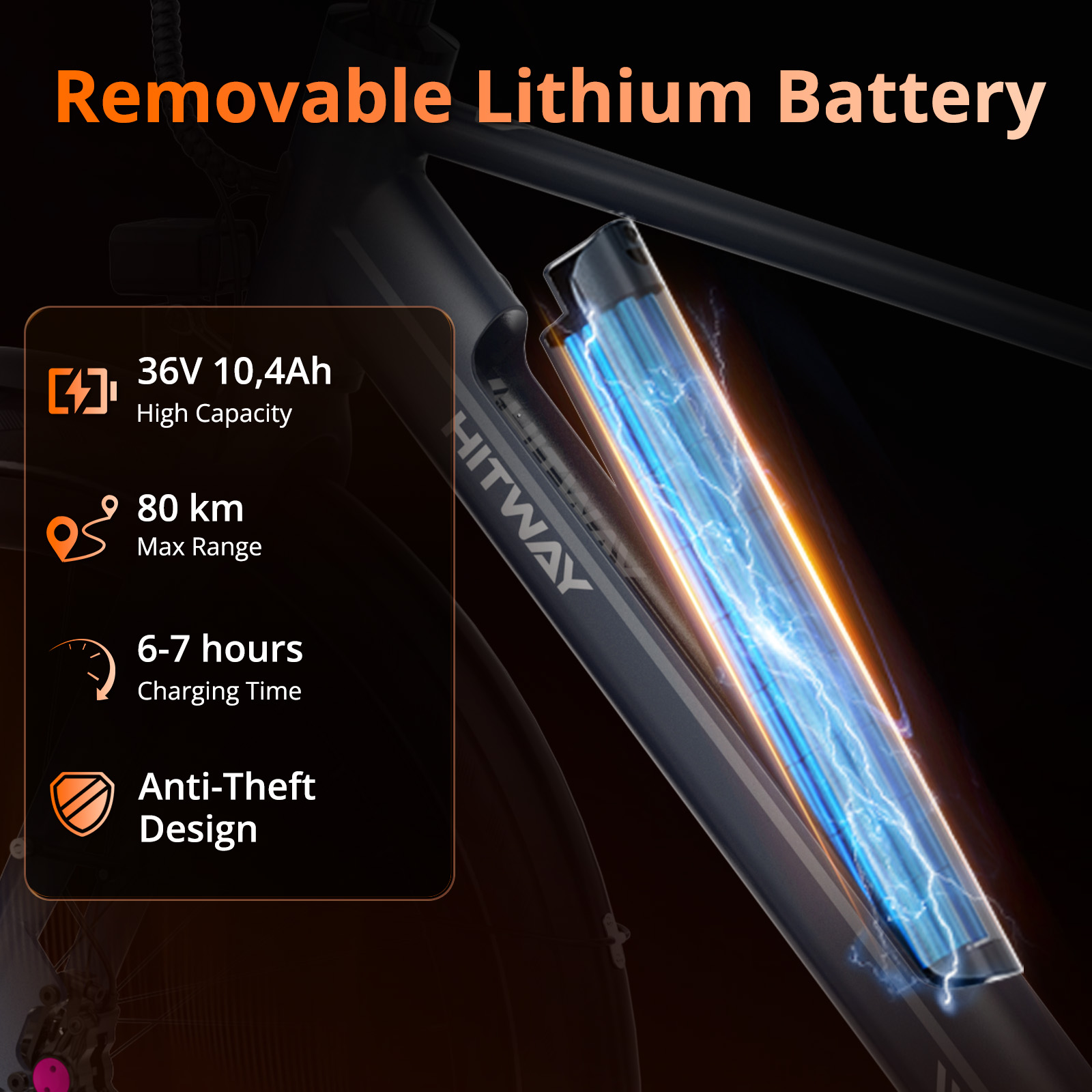 Détail d'un vélo électrique avec batterie lithium amovible. Caractéristiques : tension, autonomie, temps de charge et design antivol.