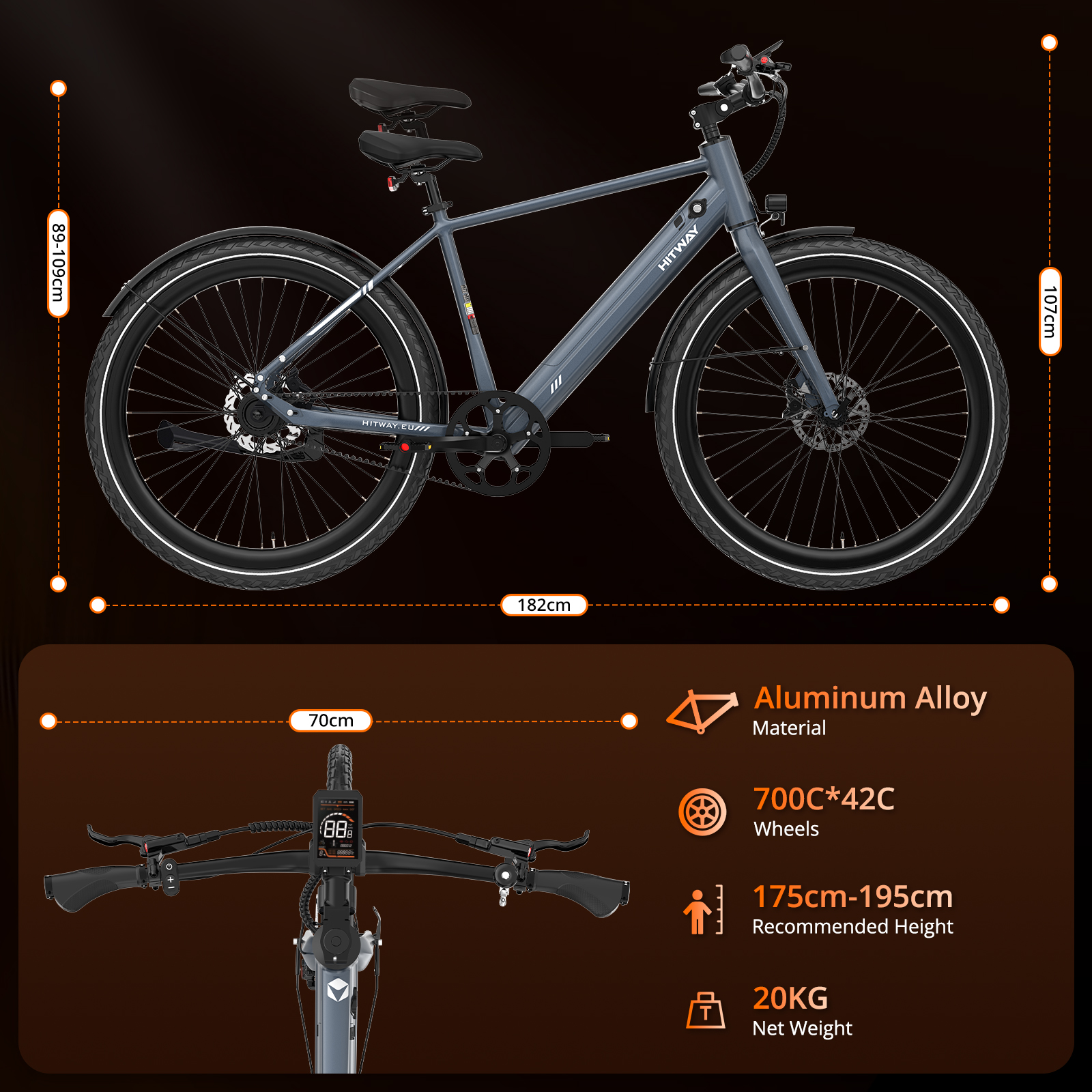 Un vélo électrique Hitway gris avec des roues et des pneus noirs, avec des étiquettes de mesure.