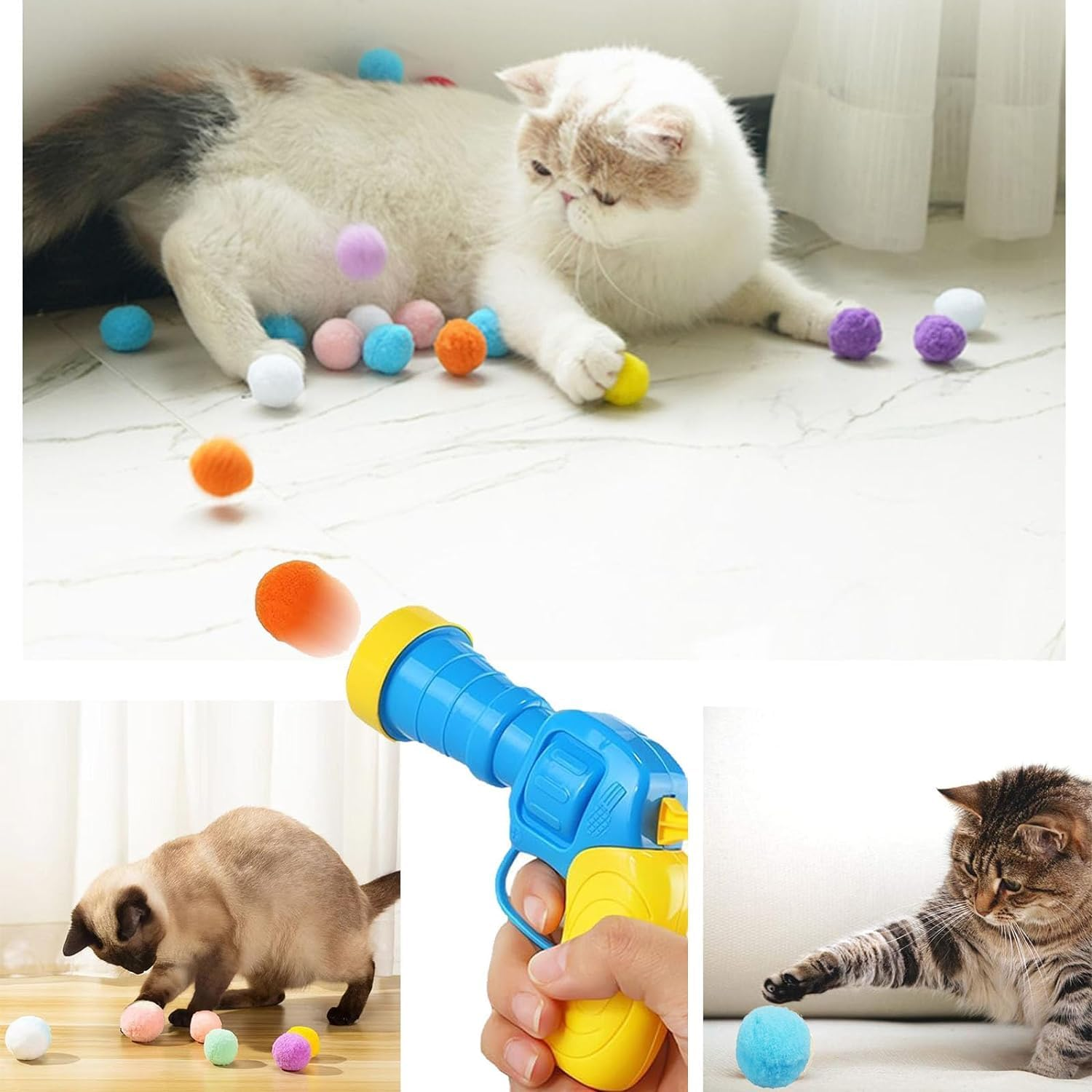 Katzen spielen mit bunten Pompons. Eine Katze liegt, andere interagieren. In der Mitte ist eine Spielzeugpistole.