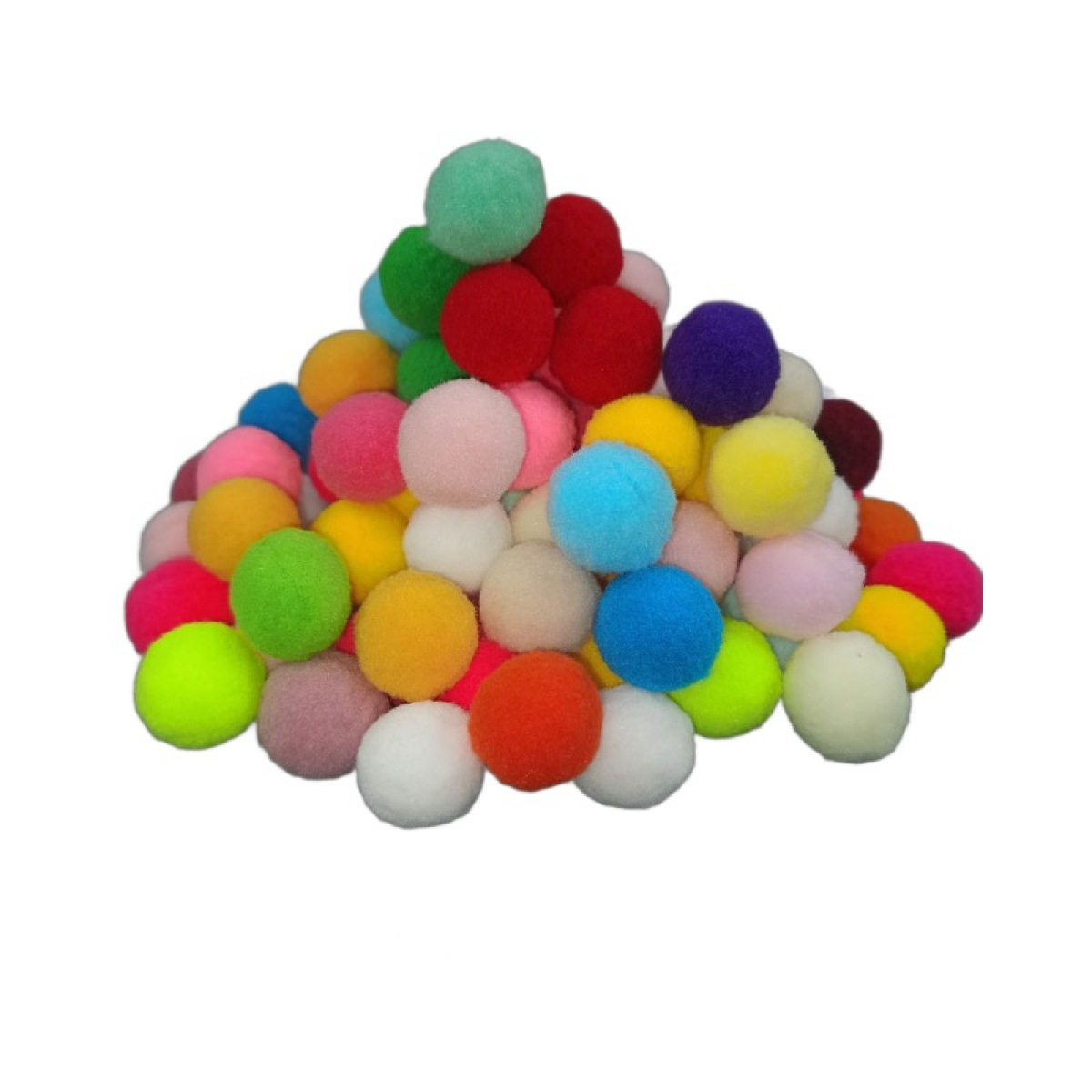 Ein Haufen bunter Pompons. Die Pompons sind in verschiedenen Farben erhältlich, darunter Rot, Grün, Blau, Gelb, Rosa und Weiß.