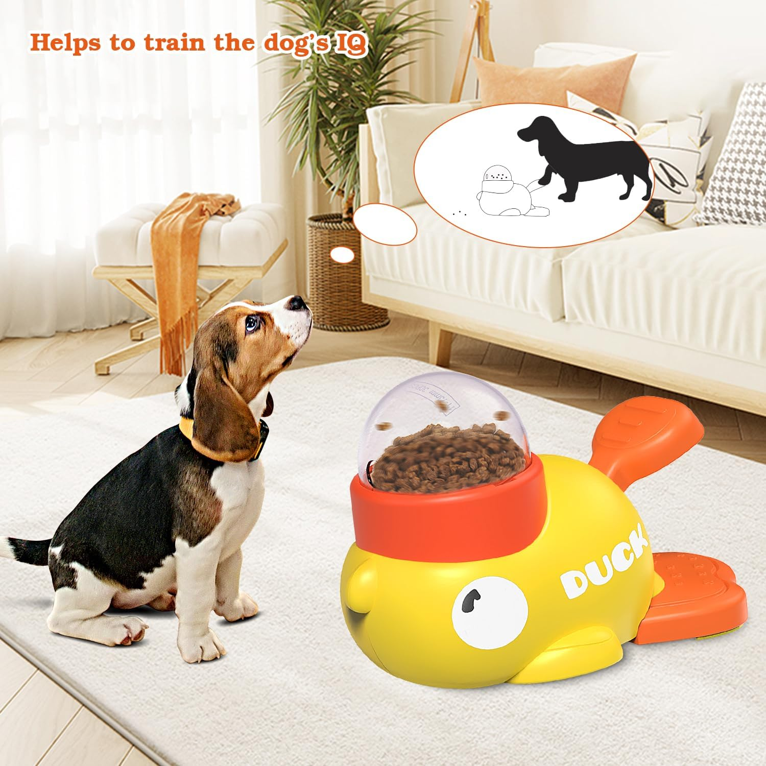 Ein Beagle blickt auf eine Sprechblase mit einer Hunde-Silhouette. Ein gelbes Entenspielzeug mit Futter liegt auf einem weißen Teppich.