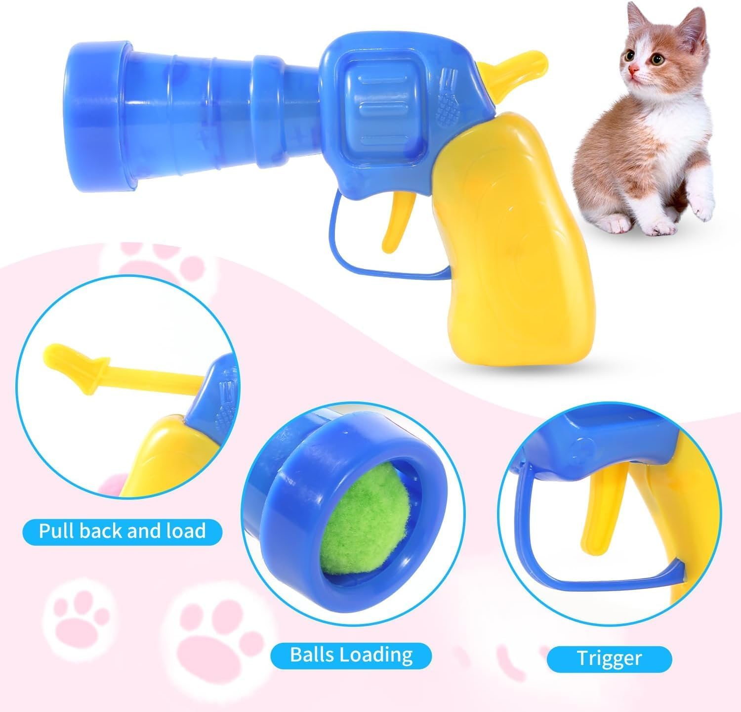 Eine blau-gelbe Spielzeugpistole mit einer Katze. Drei kreisförmige Illustrationen zeigen Teile der Pistole und Beschriftungen.