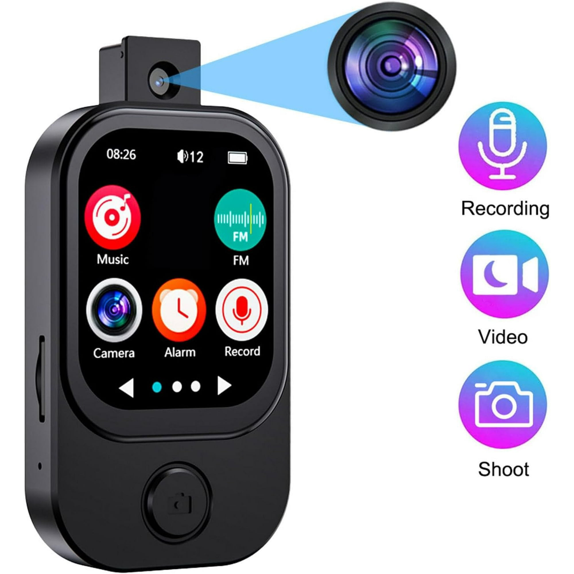 Schwarze Smartwatch mit Kamera, Symbolen für Musik, Kamera, Alarm, Aufnahme und UKW-Radio. Objektiv vergrößert. Zusätzliche Aufnahme- und Videosymbole.