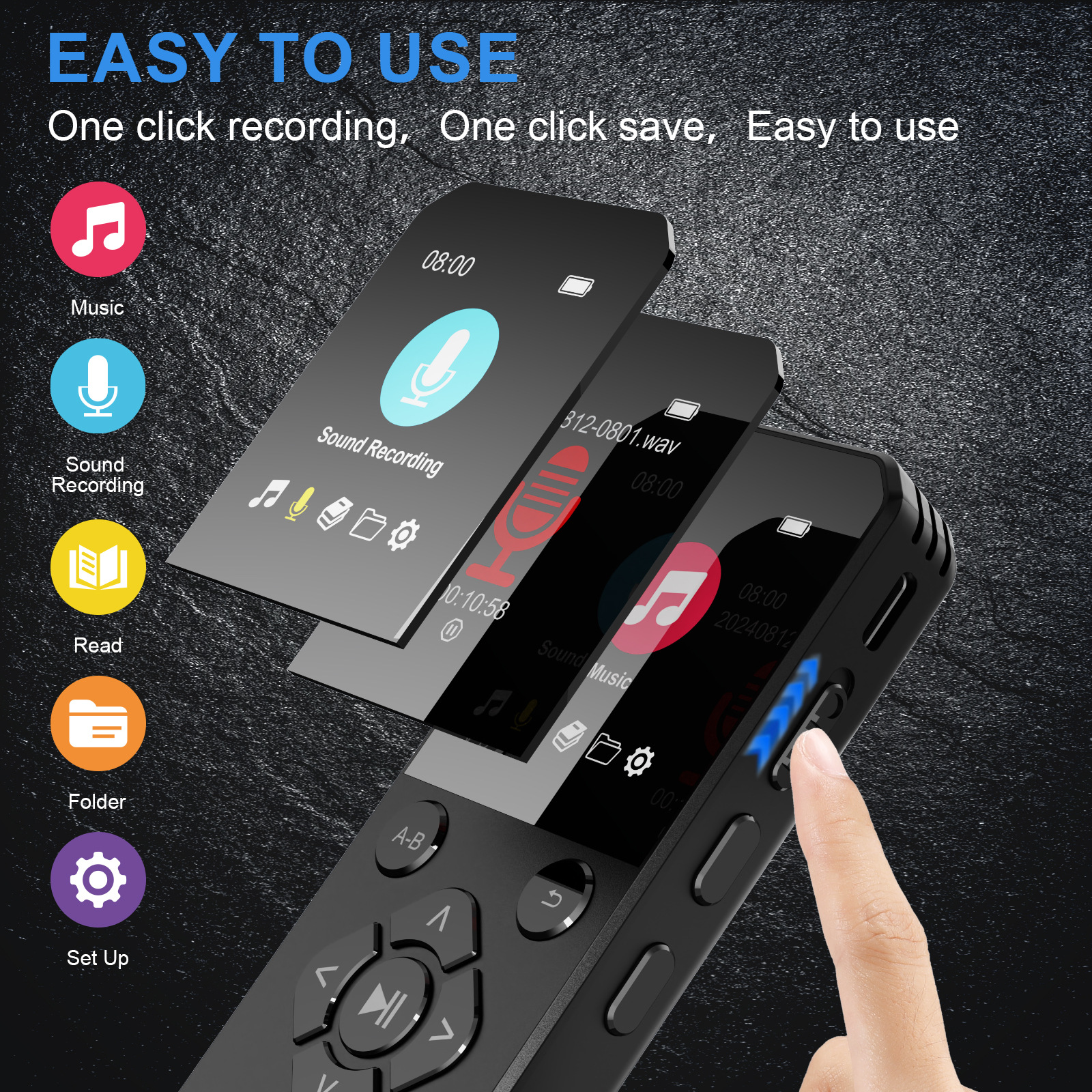 Schwarzer Audiorecorder mit Bildschirmanzeigen. Symbole für Musik, Aufnahme und Einstellungen sind sichtbar. Ein Finger drückt eine Taste.