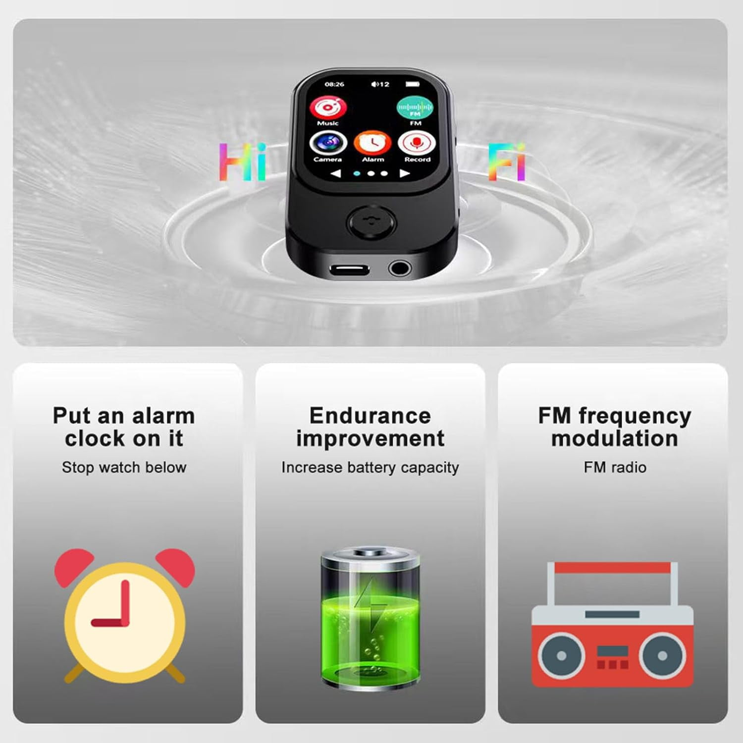 Ein schwarzer MP3-Player mit Bildschirm, der Symbole anzeigt. Darunter befinden sich Bilder eines Weckers, einer Batterie und eines Radios.