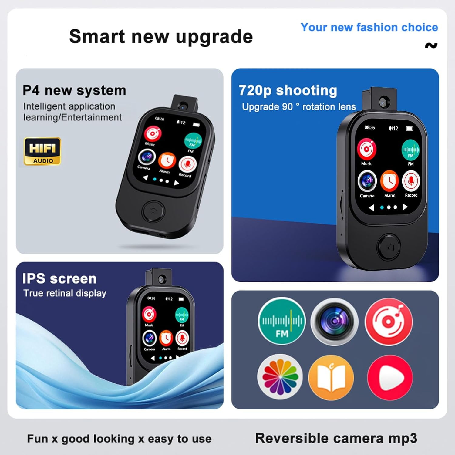 Das Bild zeigt einen schwarzen MP3-Player mit einem Bildschirm, der Symbole wie Musik, Kamera und FM anzeigt. Der Text bewirbt Funktionen wie 720p-Aufnahme.