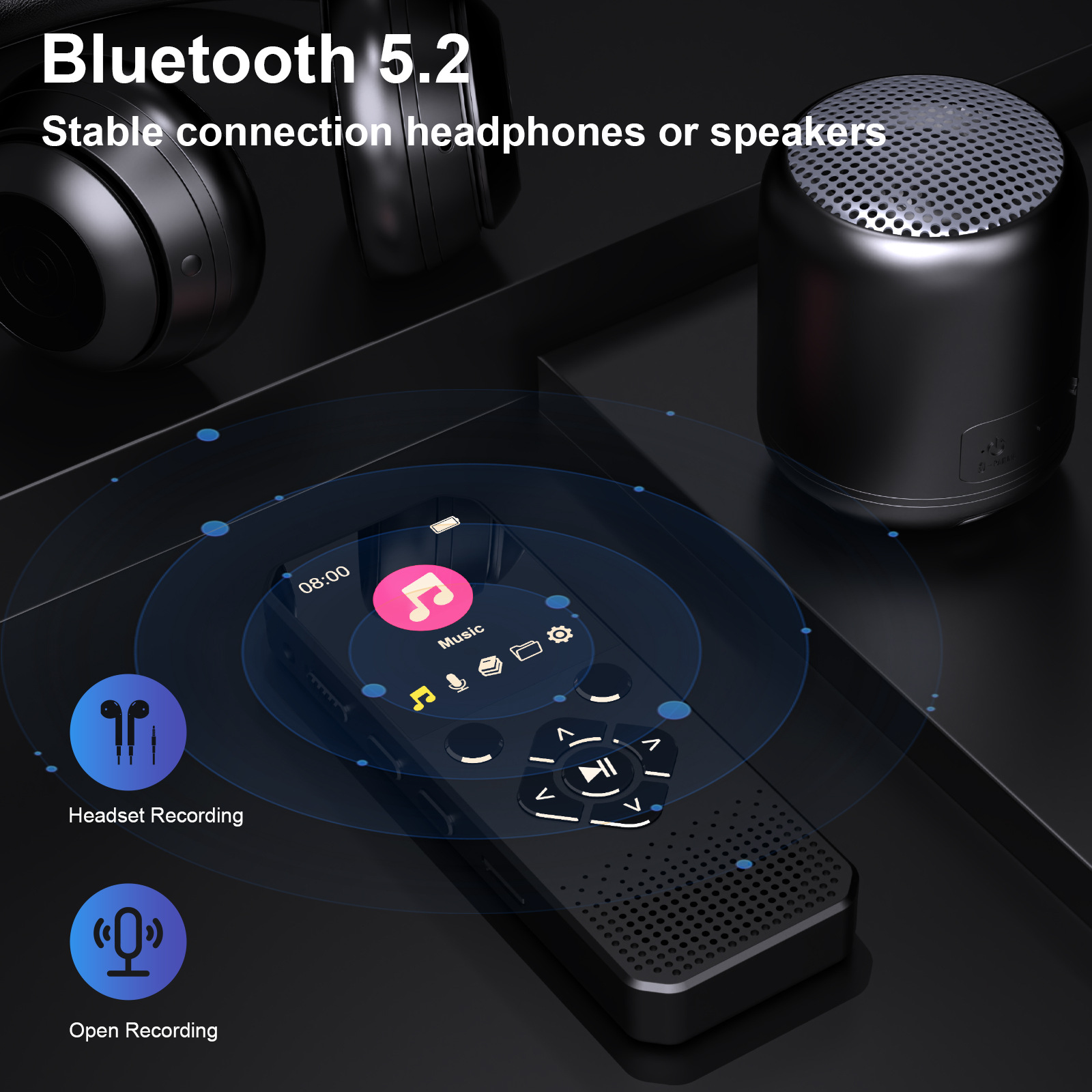 Das Bild zeigt ein Bluetooth 5.2-Gerät mit Kopfhörern, Lautsprechern und einer Musikoberfläche. Schwarzes Gerät mit blauen Akzenten.