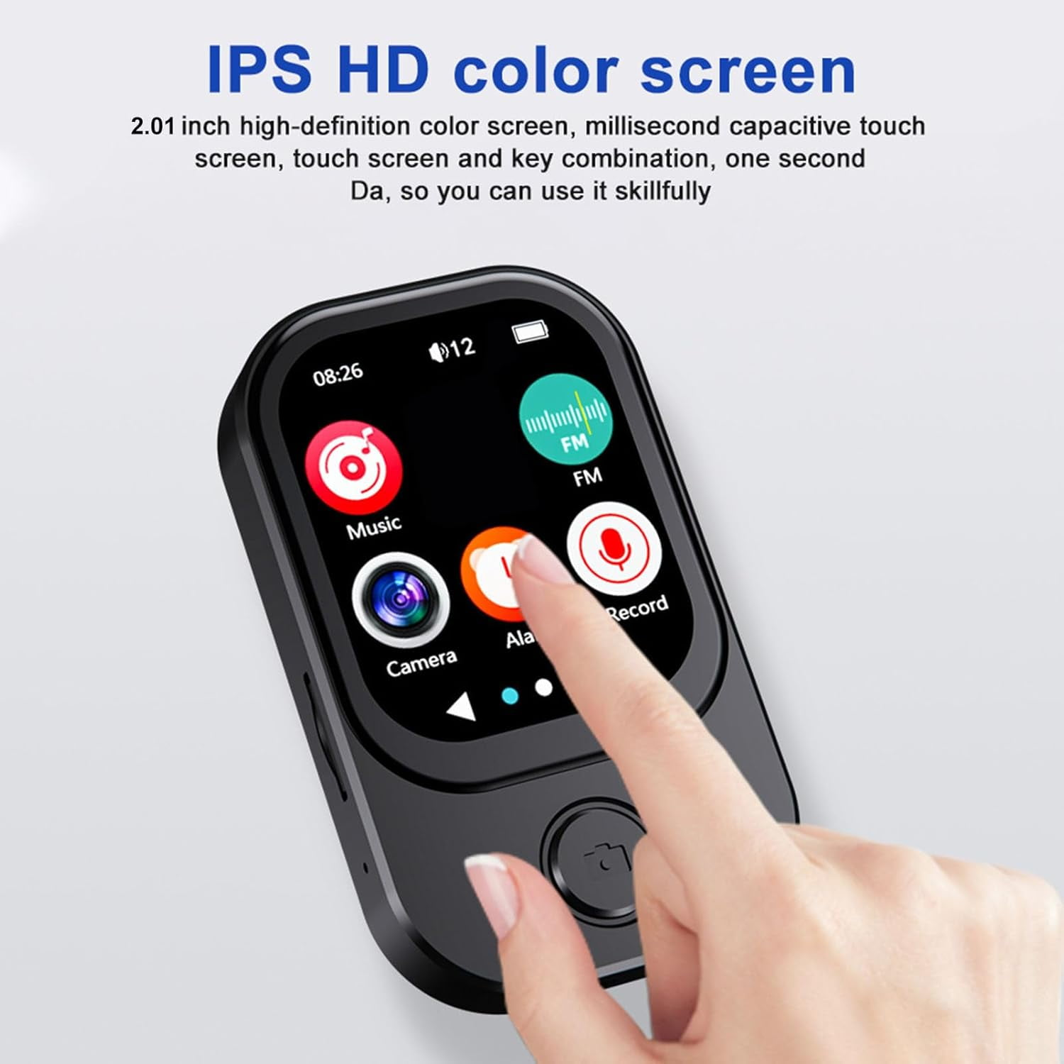 Eine Hand berührt den Bildschirm eines schwarzen Geräts mit Symbolen für Musik, Kamera, Alarm und Aufnahme. Text oben sagt IPS HD Farbbildschirm.