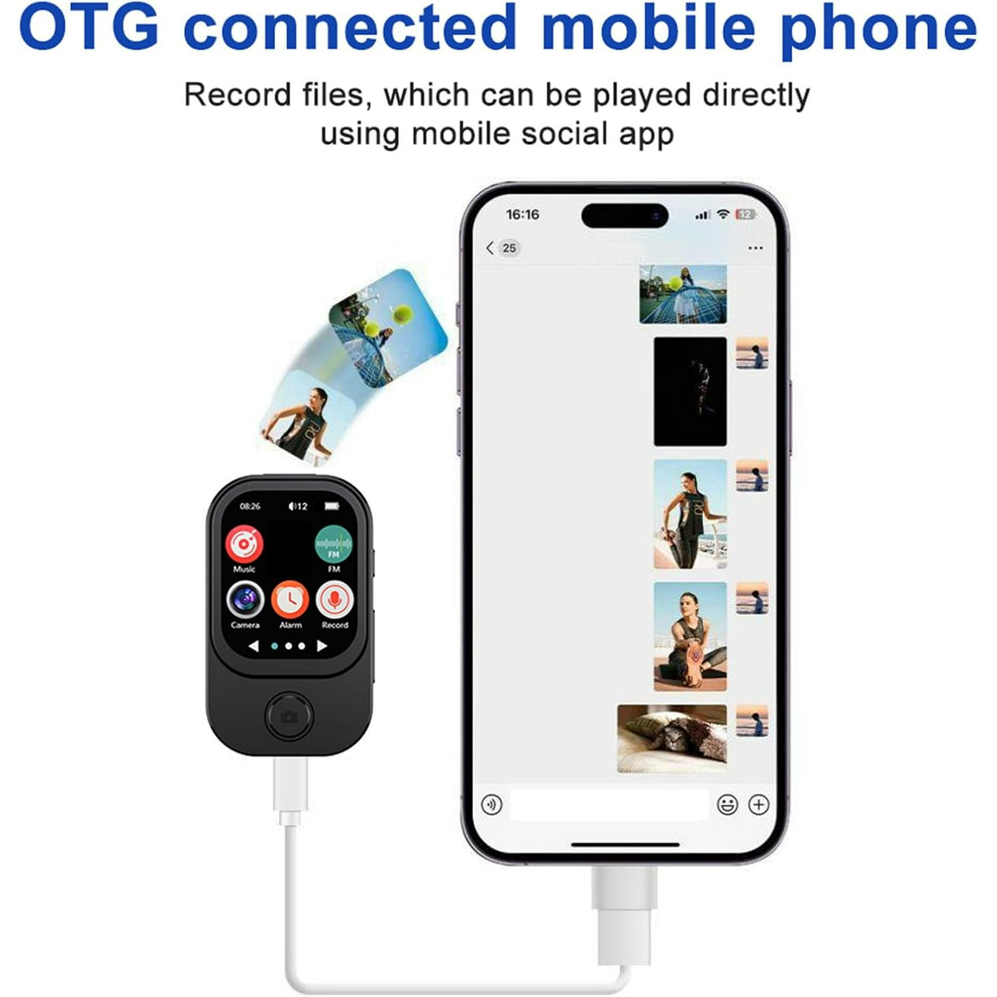 Das Bild zeigt ein Telefon und ein kleines Gerät, die durch ein weißes Kabel verbunden sind. Das Telefon zeigt mehrere Bilder an.