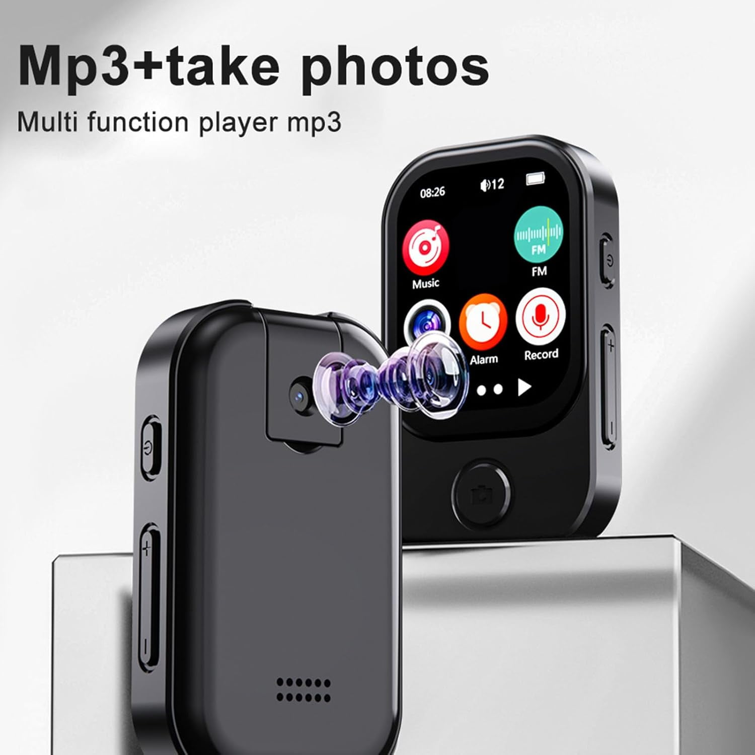Ein schwarzer MP3-Player mit Kameraobjektiv, der einen Bildschirm mit Symbolen anzeigt. Oben steht 'Mp3+take photos'.