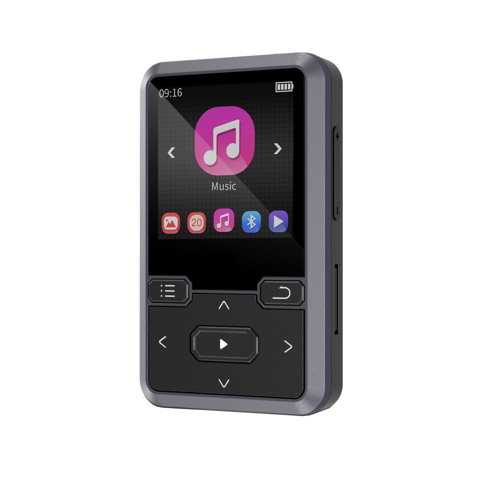 Ein grauer MP3-Player zeigt eine Musik-App-Oberfläche an. Zu den Bedienelementen gehören Pfeiltasten, eine Wiedergabetaste und Funktionssymbole.