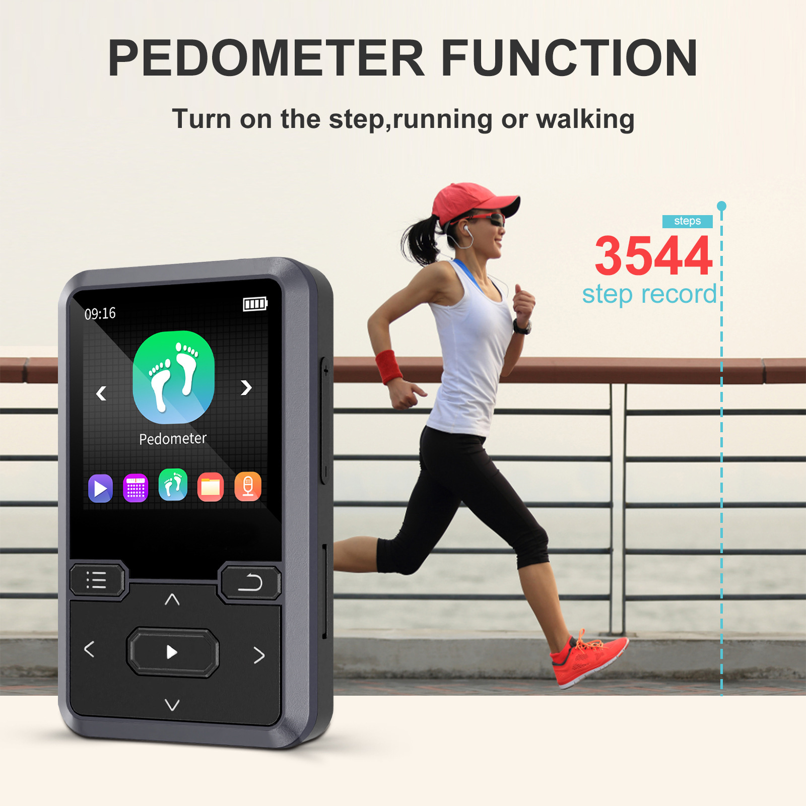 Eine Frau läuft, trägt einen roten Hut, mit einem Schrittzähler, der Schritte anzeigt. Text: 'Pedometer Funktion'.