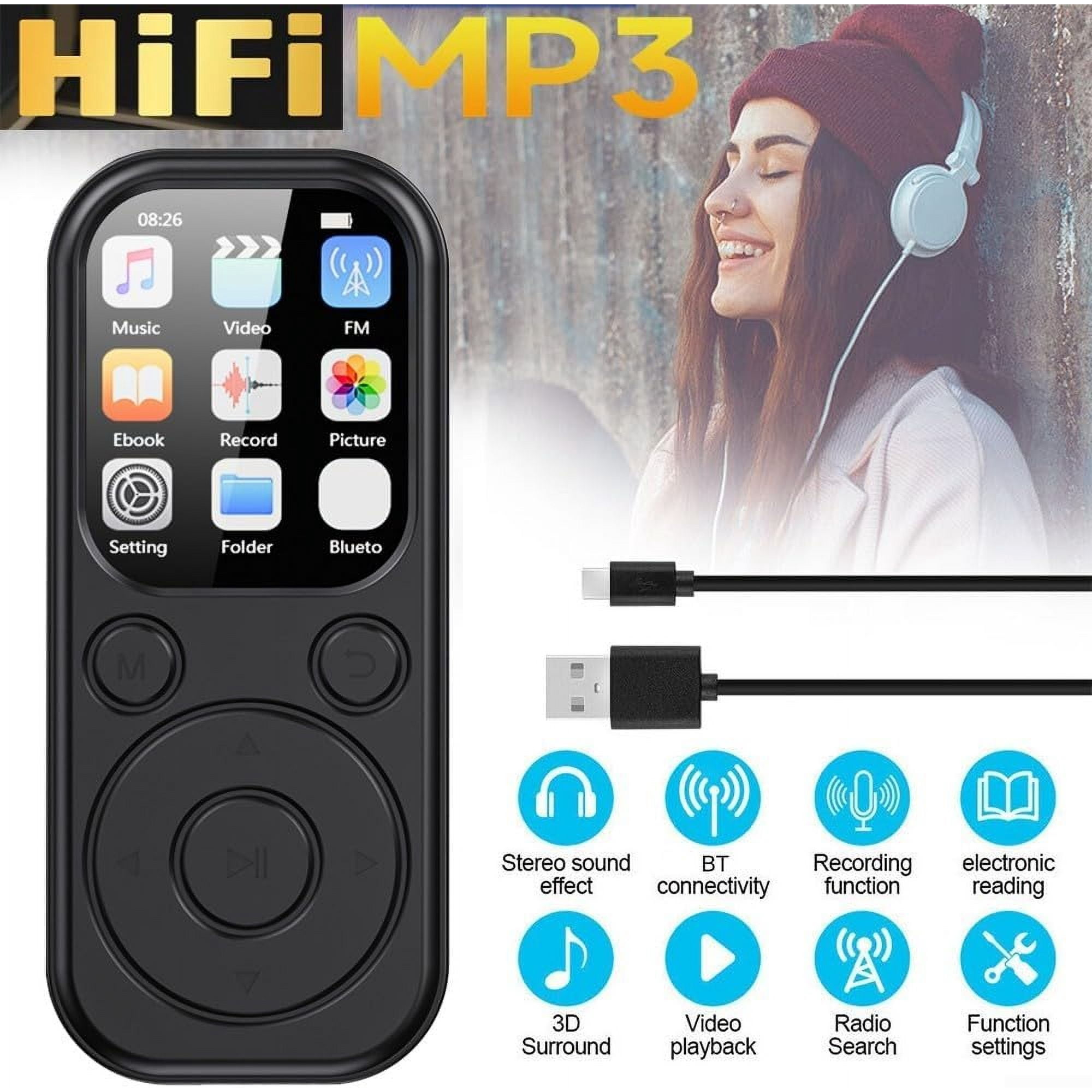 Ein MP3-Player mit einer Frau mit Kopfhörern im Hintergrund. Funktionen umfassen Musik, Video und UKW-Radio.
