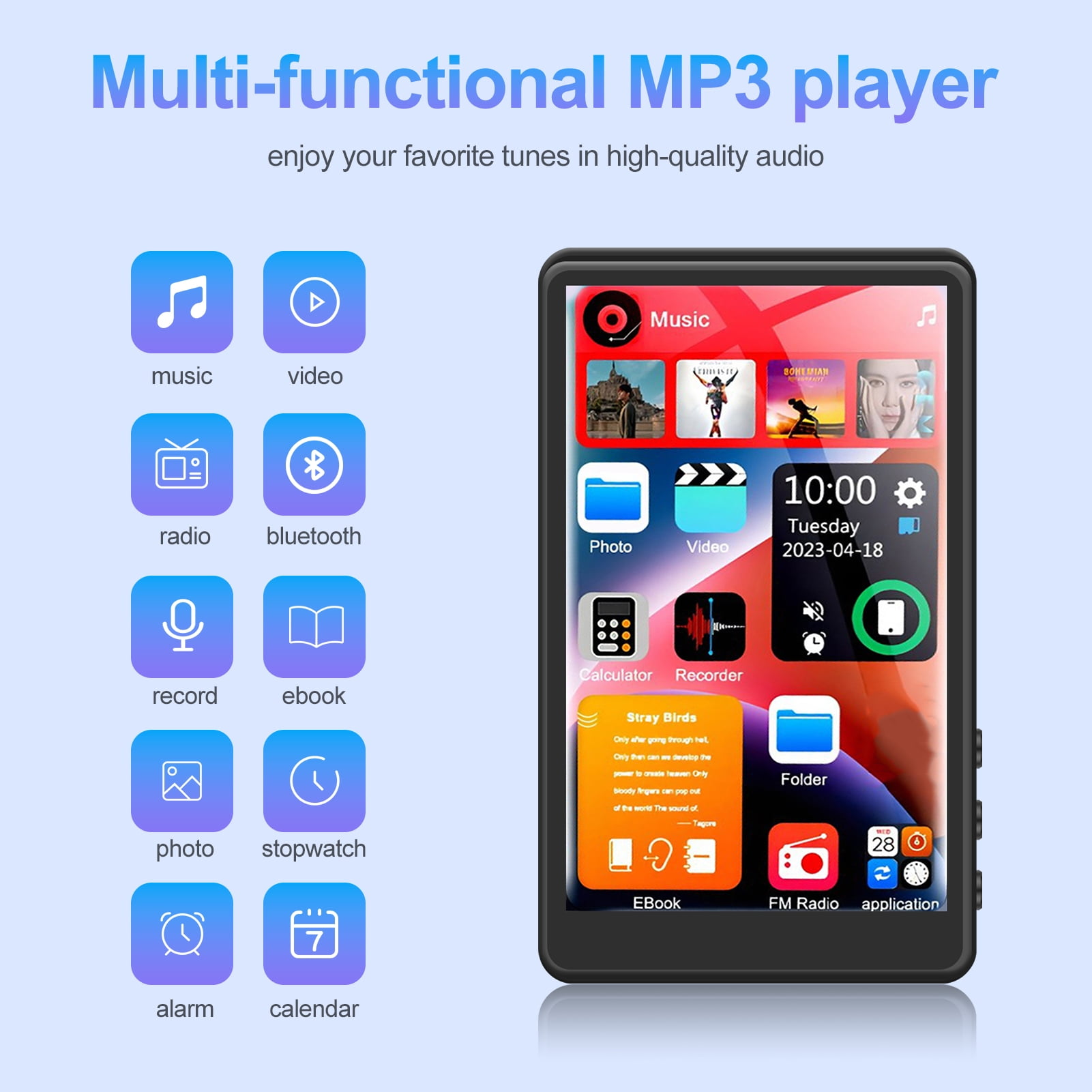 MP3-Player mit Musik-, Video- und App-Symbolen. Der Bildschirm zeigt Uhrzeit, Datum und Apps wie Rechner und Radio.