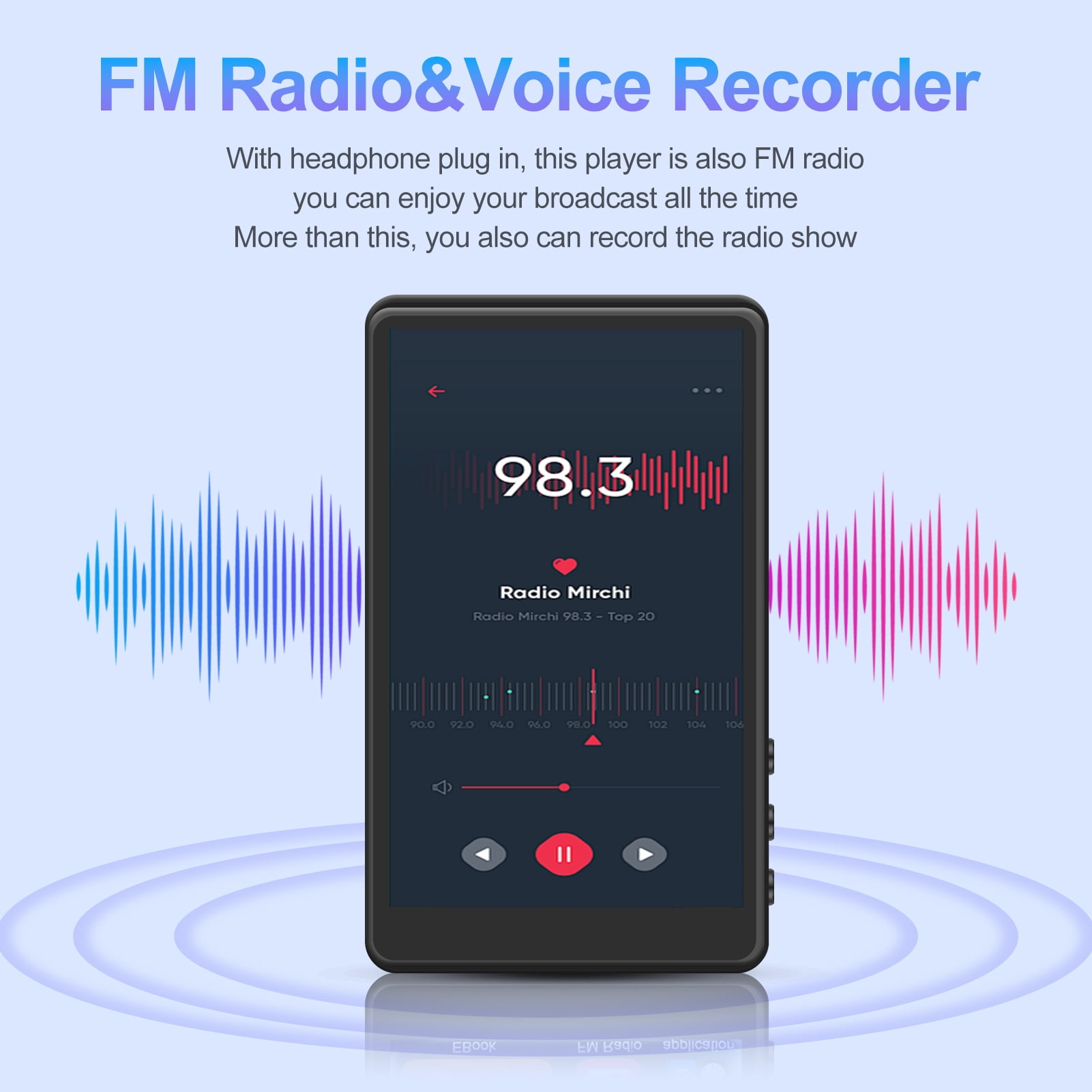 Ein schwarzer Mediaplayer zeigt ein Radio-Interface mit 98,3 FM. Blaue und rosa Schallwellen sind an den Seiten.