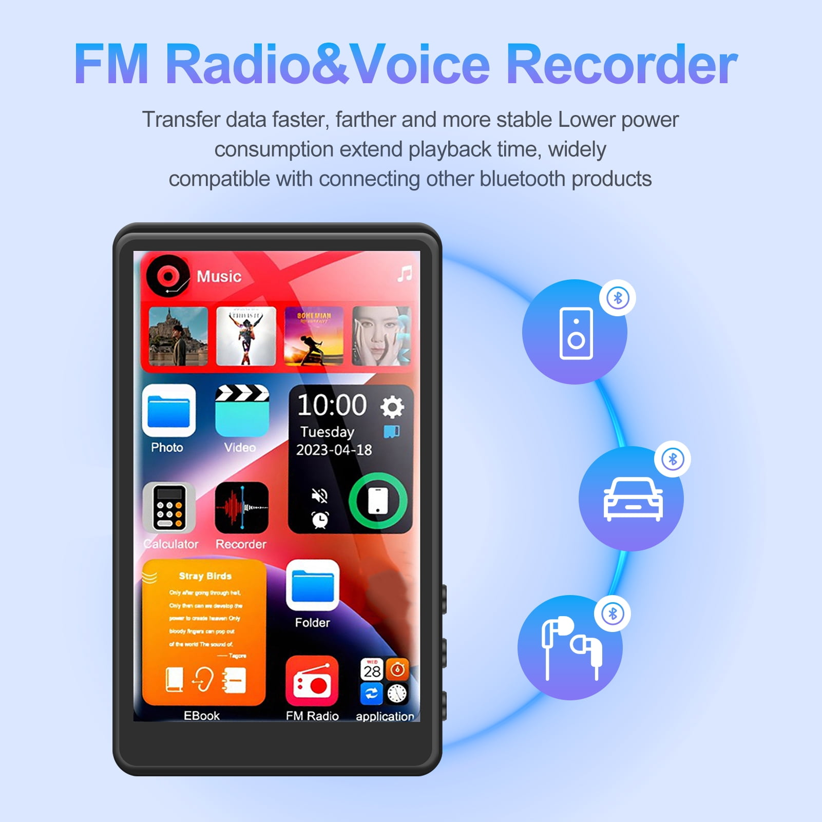 Ein schwarzer Mediaplayer mit Touchscreen. Zeigt Musik, Fotos, Videos und andere Apps an. Bluetooth-Symbole rechts.