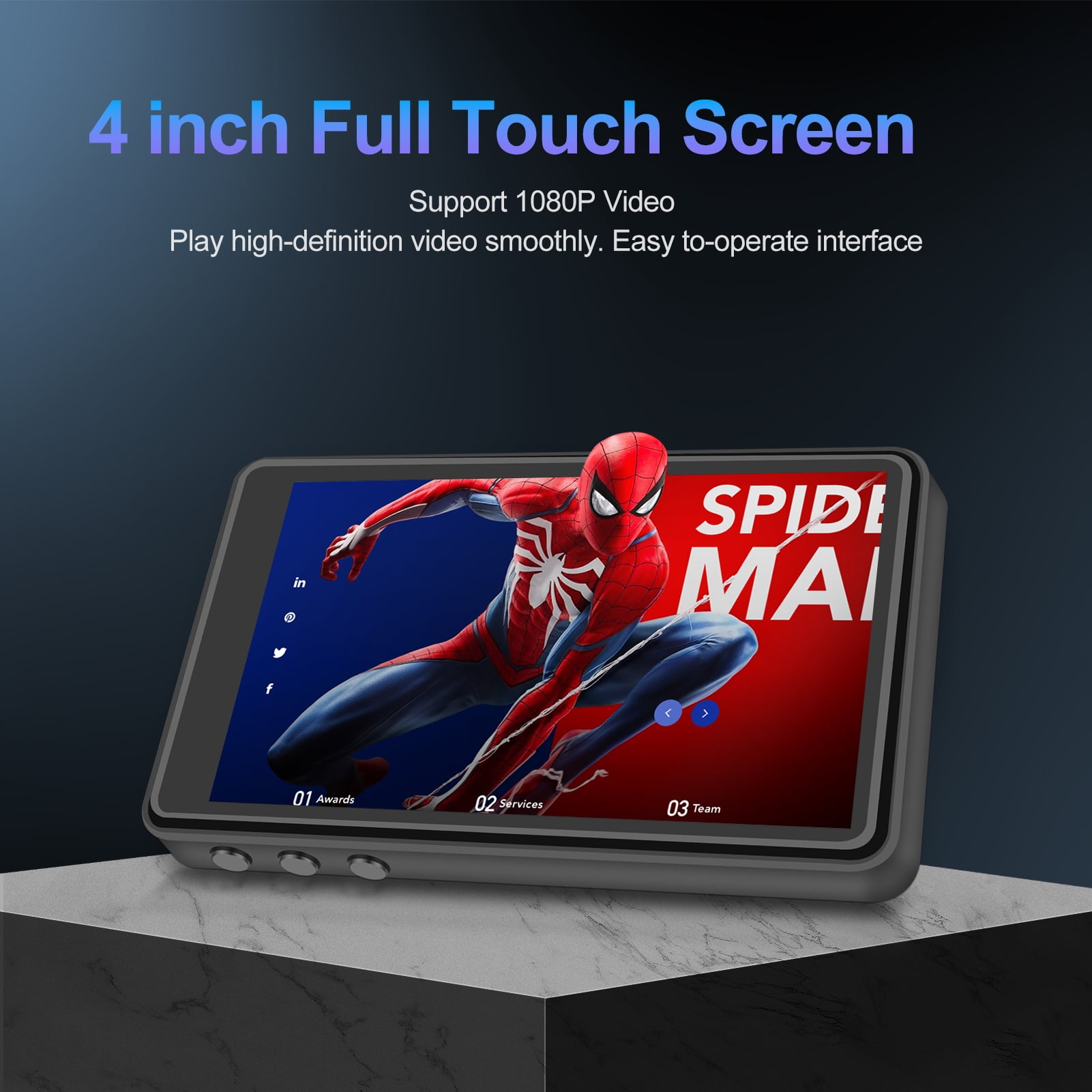 Ein Handheld-Gerät zeigt Spider-Man. Text lautet '4 Zoll Full Touch Screen', '1080P Video' und 'Einfache Bedienoberfläche'.