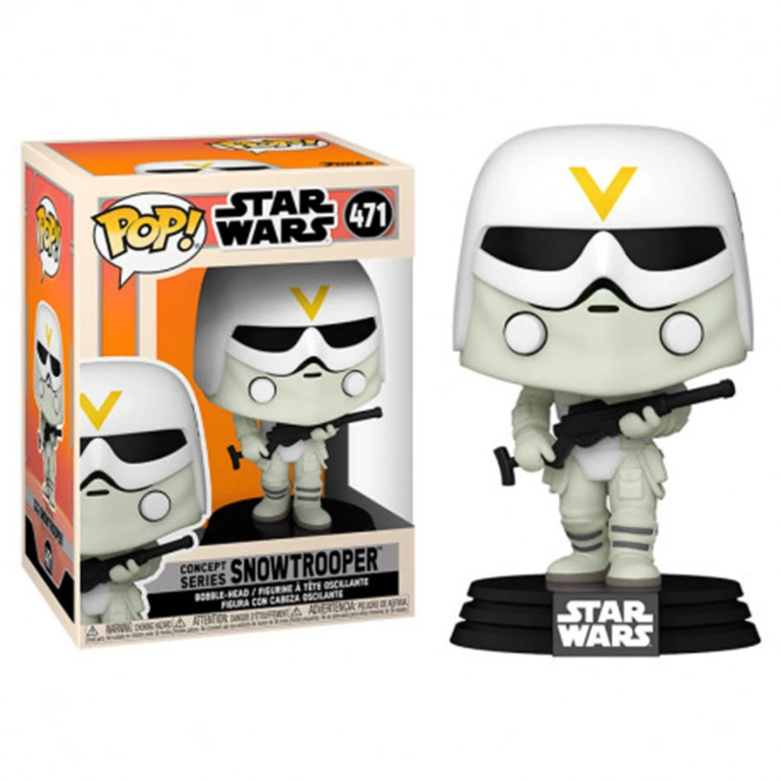 Una figura Funko Pop di Star Wars Snowtrooper. È bianca con occhiali neri e una 'V' gialla sul casco. Tiene un blaster nero.