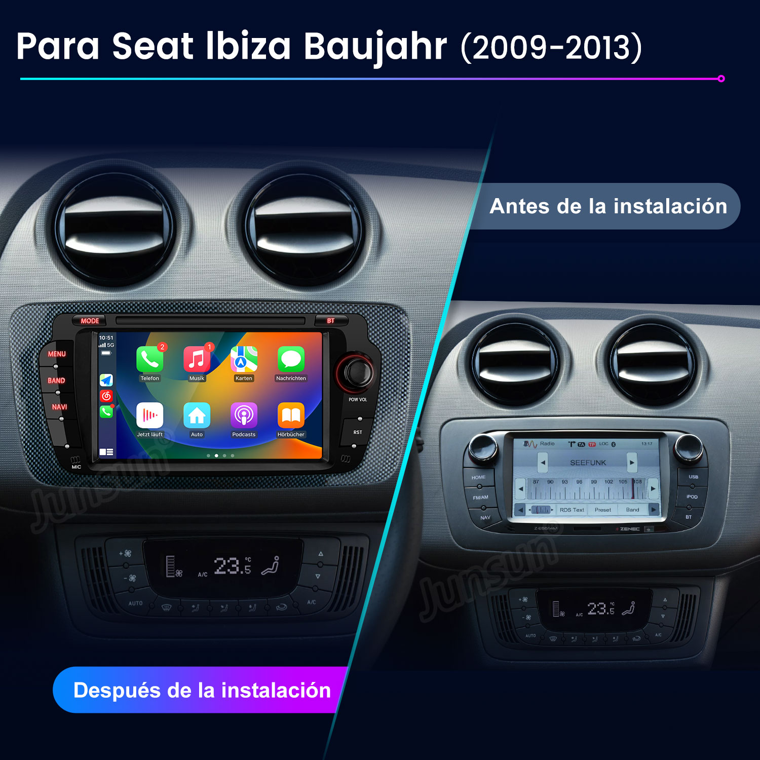 Comparación del salpicadero del coche: antes y después de la instalación de la radio. Muestra las rejillas de ventilación, los controles del clima y la nueva pantalla táctil.
