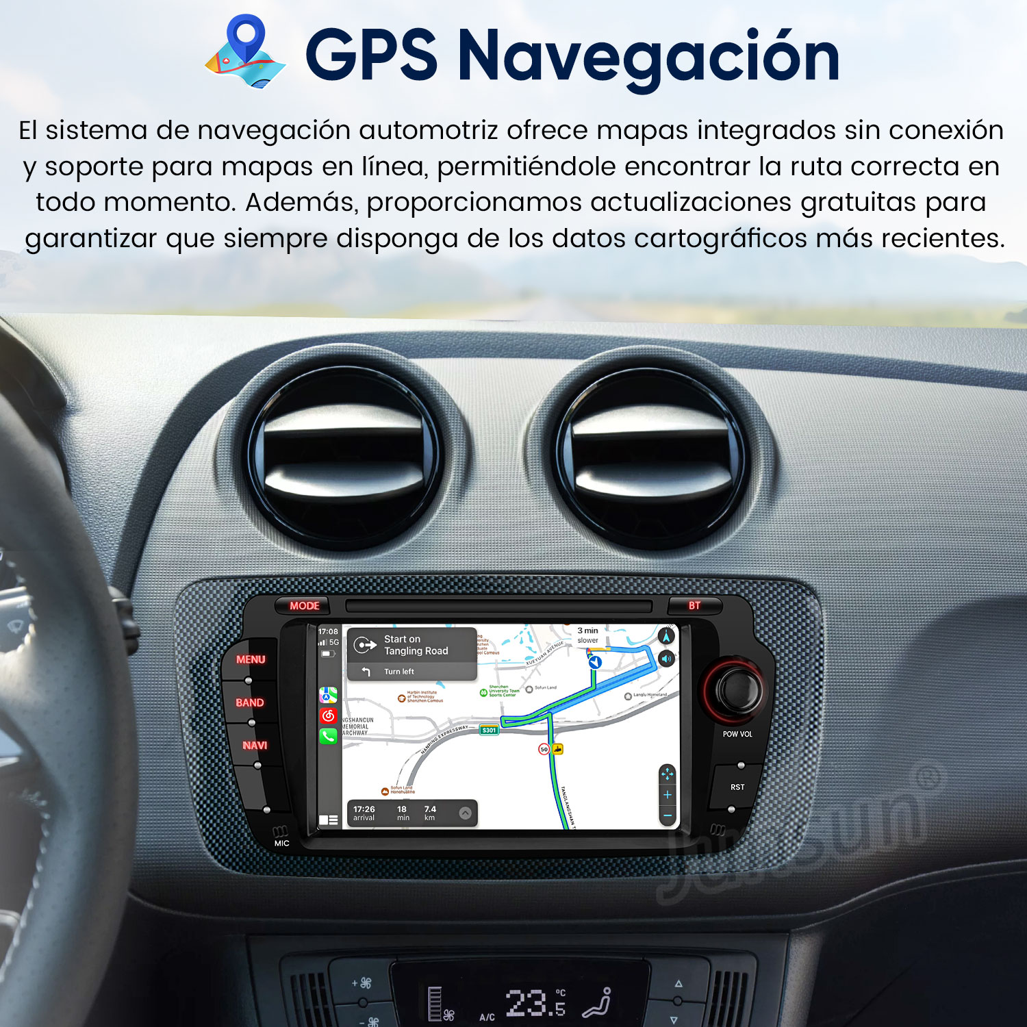 Pantalla del sistema de navegación del coche que muestra un mapa, con botones y texto. Interior del coche visible.