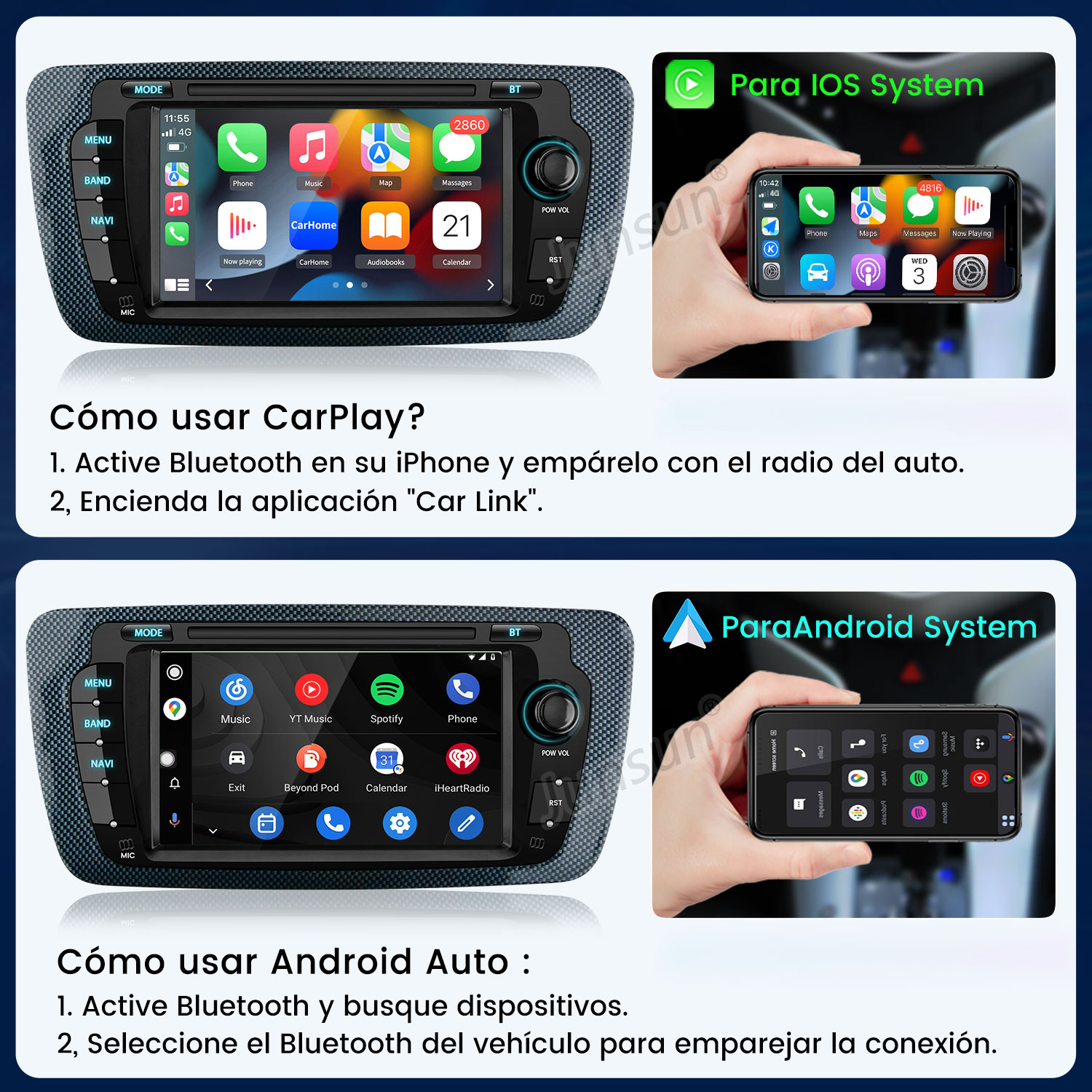 Pantalla de radio del coche con iconos de aplicaciones. Son visibles iconos de teléfono, música y mapas. Instrucciones para CarPlay y Android Auto abajo.