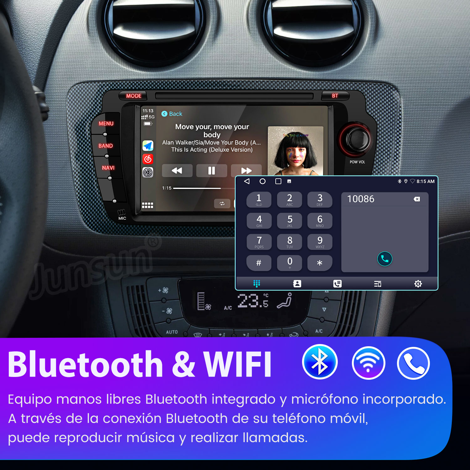 Pantalla de radio del coche reproduciendo música y mostrando un teclado telefónico. Se destacan las funciones Bluetooth y Wifi.