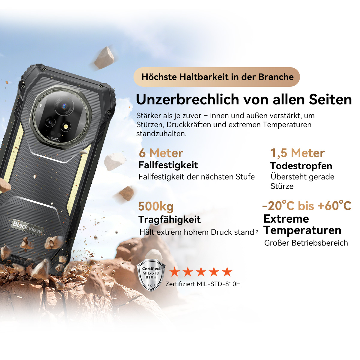 Ein robustes Blackview-Telefon mit Dreifach-Kamera. Der Text hebt Haltbarkeit, Fallfestigkeit und extreme Temperaturbeständigkeit hervor.