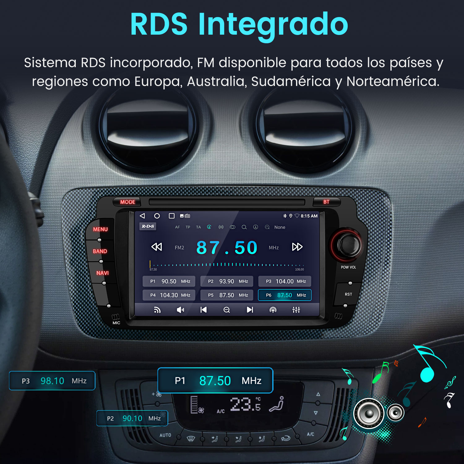 Radio de coche mostrando la frecuencia FM 87,50 MHz, con botones y pantalla de temperatura. Fondo muestra interior del coche.