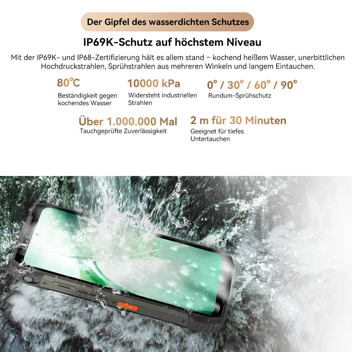Ein Telefon unter Wasser. Es hat ein robustes Gehäuse, und der Text beschreibt seine Wasserbeständigkeit, einschließlich Temperatur und Druck.
