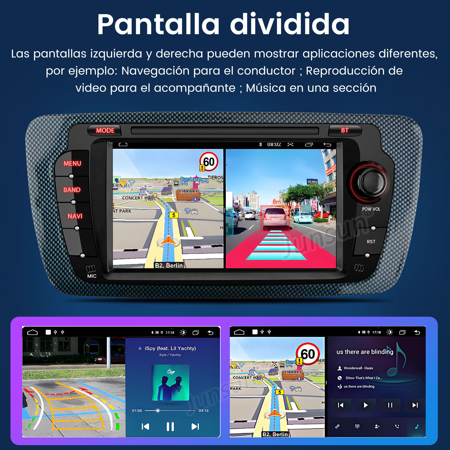 Panel del coche que muestra navegación y música. La pantalla está dividida, mostrando mapas e información de canciones.