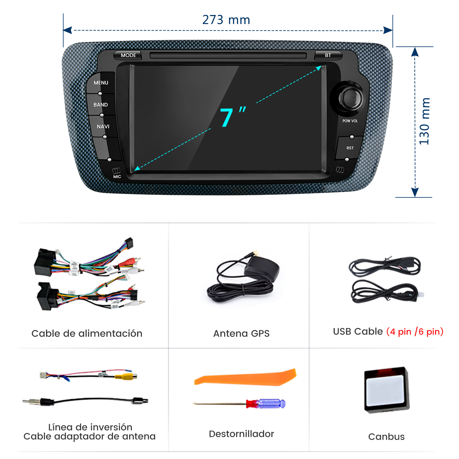 Una radio de coche con pantalla de 7 pulgadas y varios componentes como cables, antena, cable USB, destornillador y Canbus.