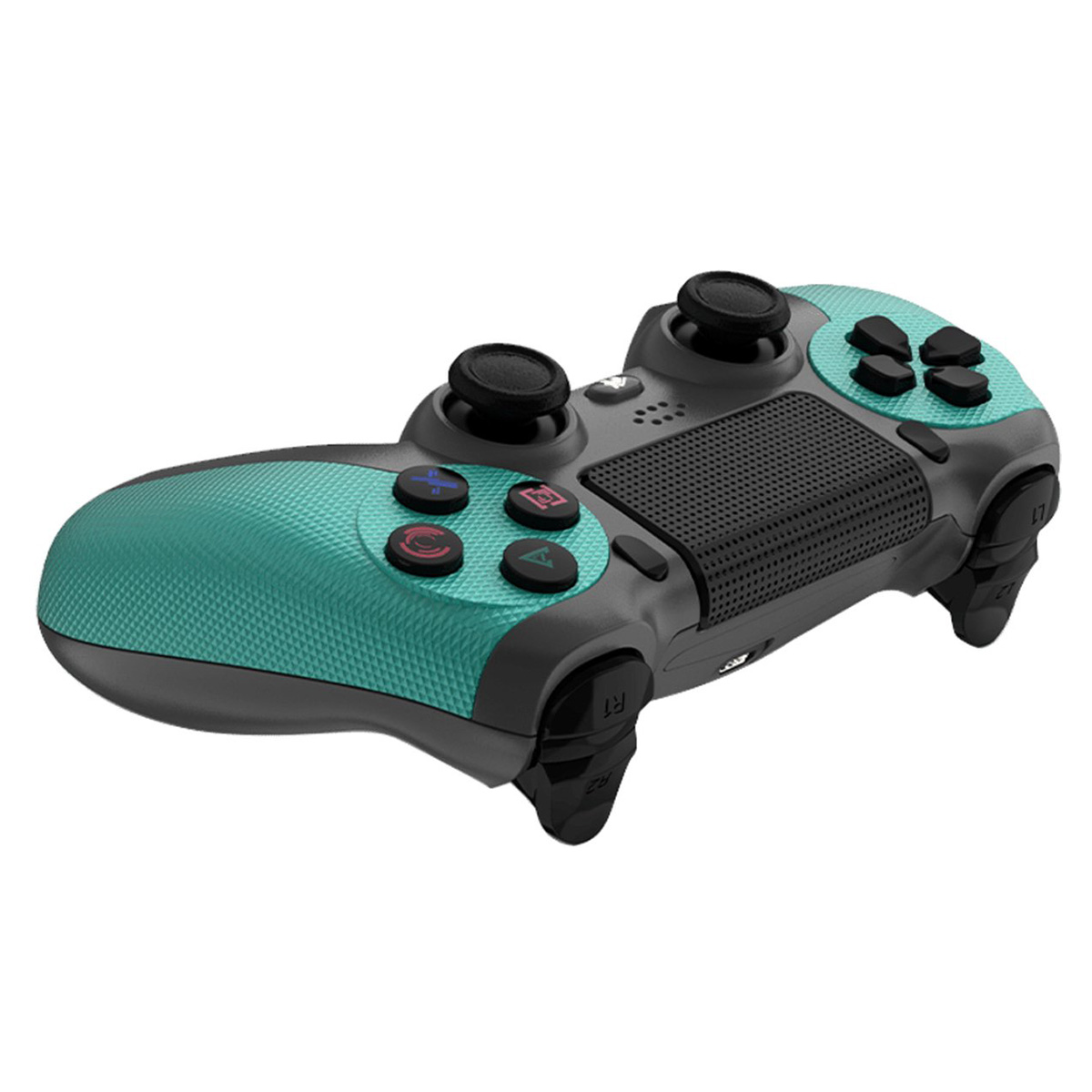 Un gamepad turchese e grigio. Ha pulsanti e joystick. Lo sfondo è bianco.