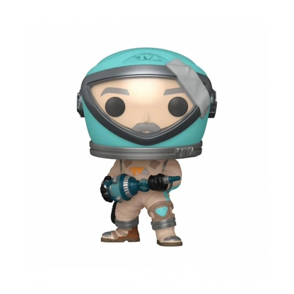 Una figura Funko Pop di un personaggio spaziale, casco verde acqua, baffi grigi, che tiene un dispositivo verde acqua e nero, su sfondo bianco.
