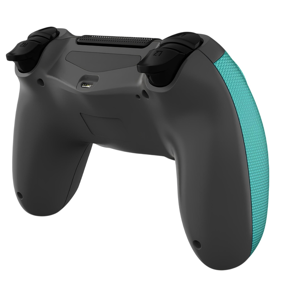 Vista posteriore di un controller di gioco nero con impugnatura turchese. Tasti e grilletti neri visibili. Sfondo bianco.