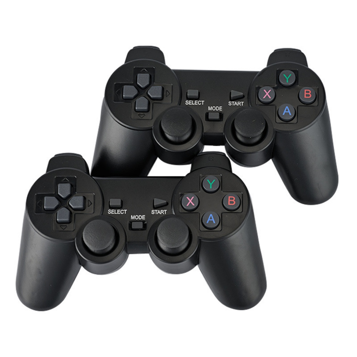 Zwei schwarze Gamecontroller sind gestapelt. Jeder hat Richtungspads, Knöpfe und Steuerknüppel auf weißem Hintergrund.